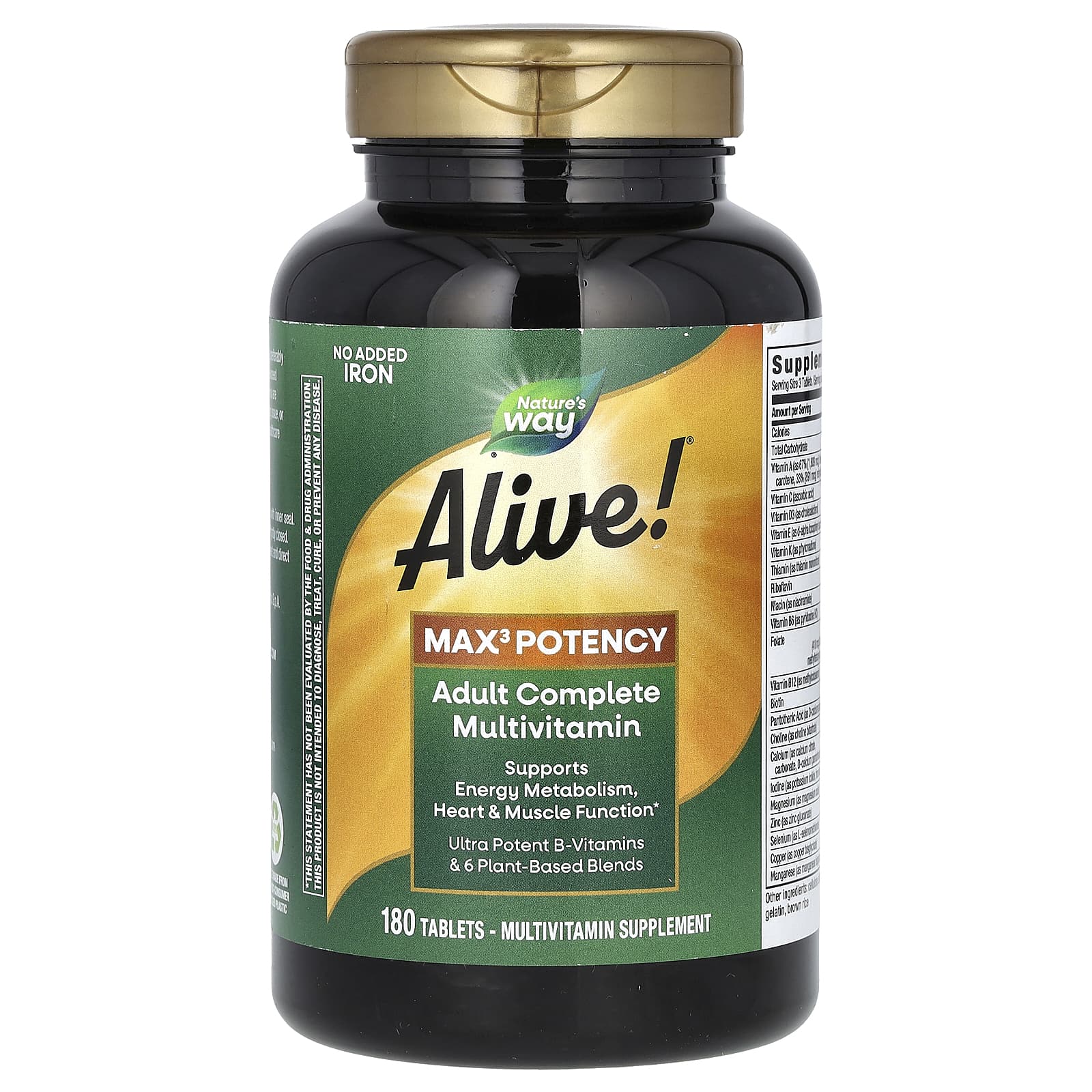 Nature's Way-Alive! Max3 Potency-Adult Complete Multivitamin-No Added Iron-180 Tablets