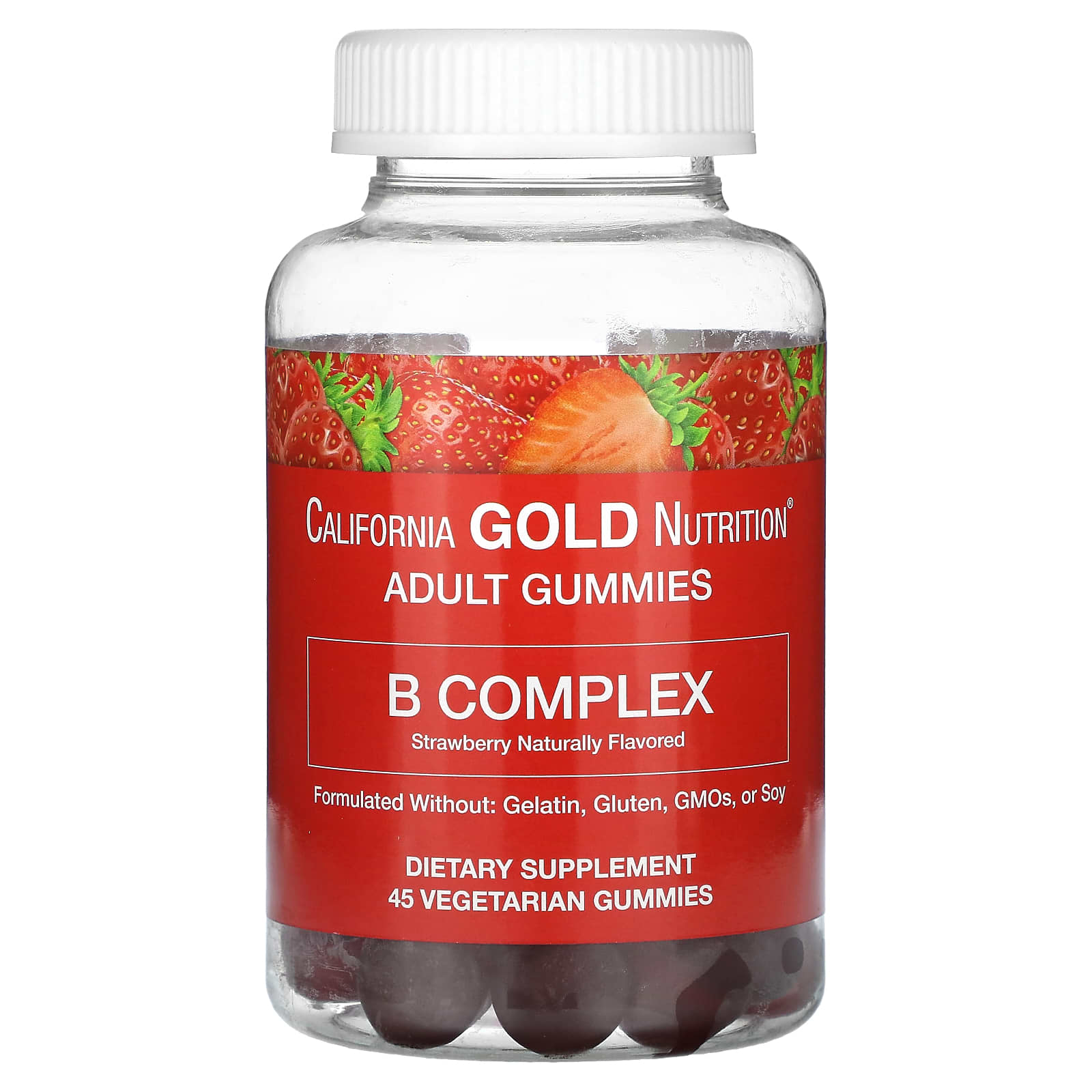 California Gold Nutrition-B Complex Gummies-No Gelatin-Natural Strawberry Flavor-45 Gummies