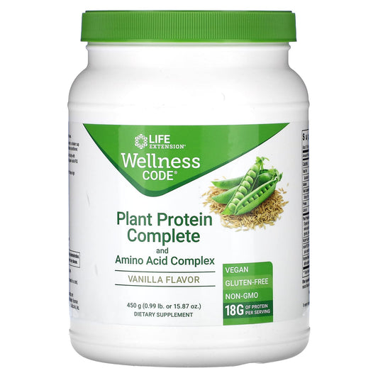 Life Extension-Wellness Code-Plant Protein Complete and Amino Acid Complex-Vanilla-0.99 lb (450 g)