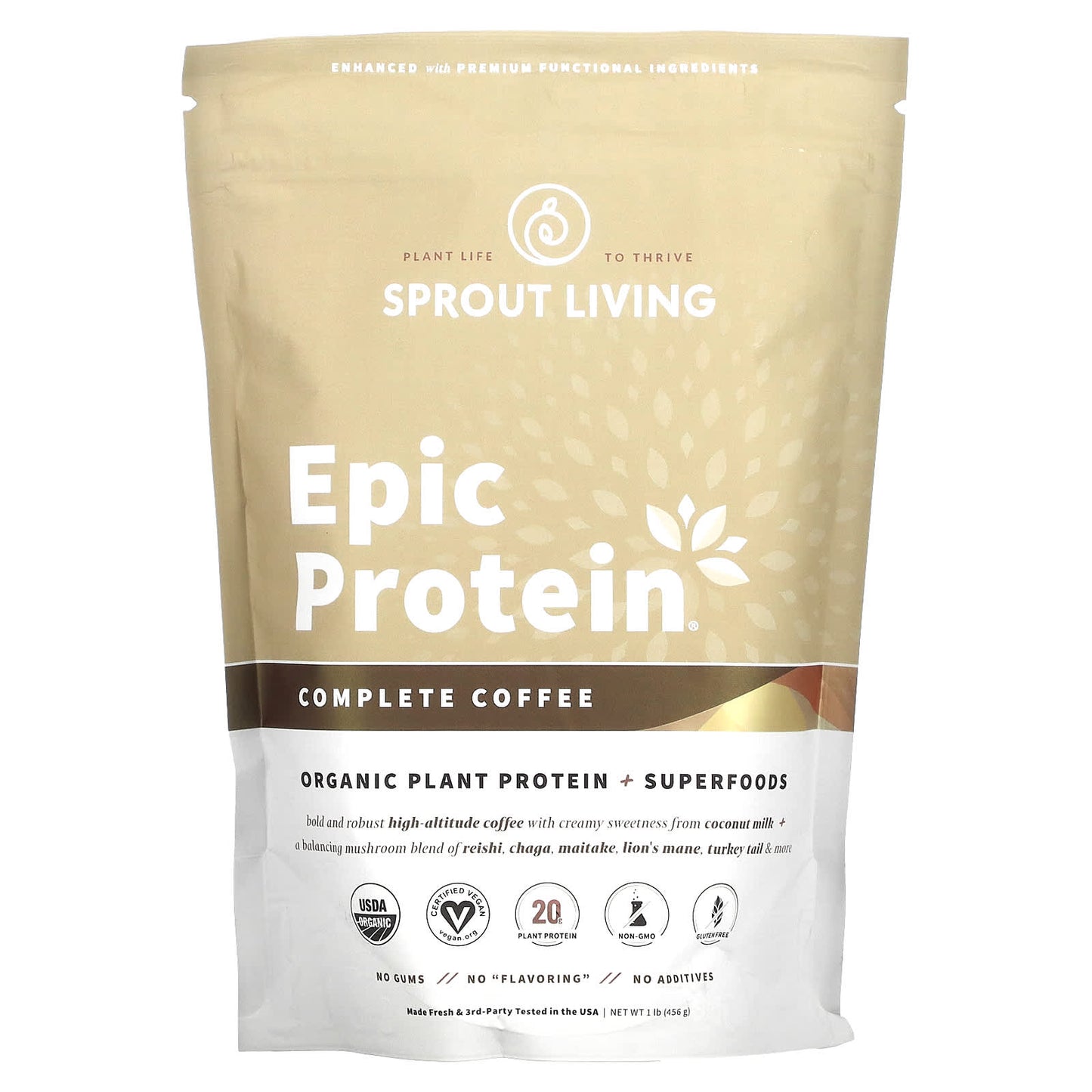 Sprout Living-Epic Protein-Organic Plant Protein + Superfoods-Complete Coffee-1 lb (456 g)