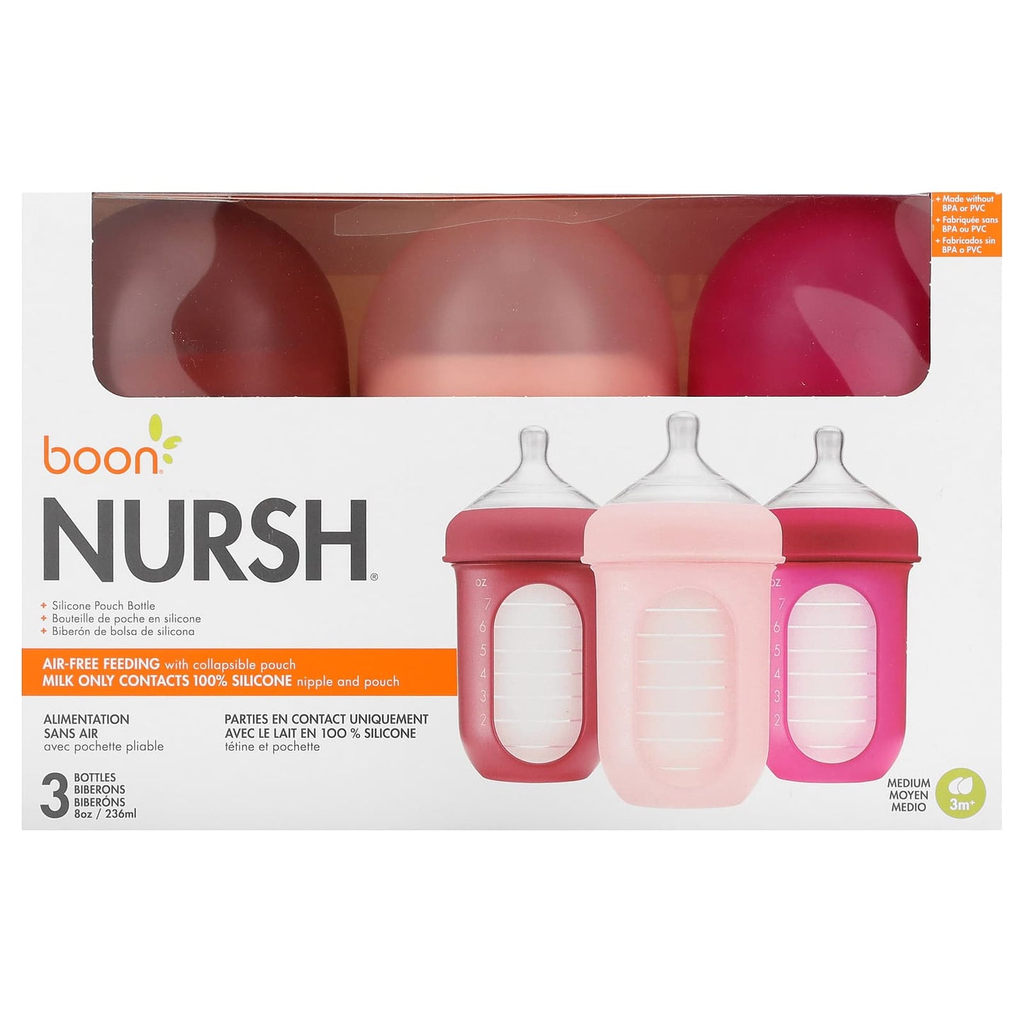 Boon-Nursh-Silicone Pouch Bottle-3m+-Medium-3 Bottles-8 oz (236 ml) Each