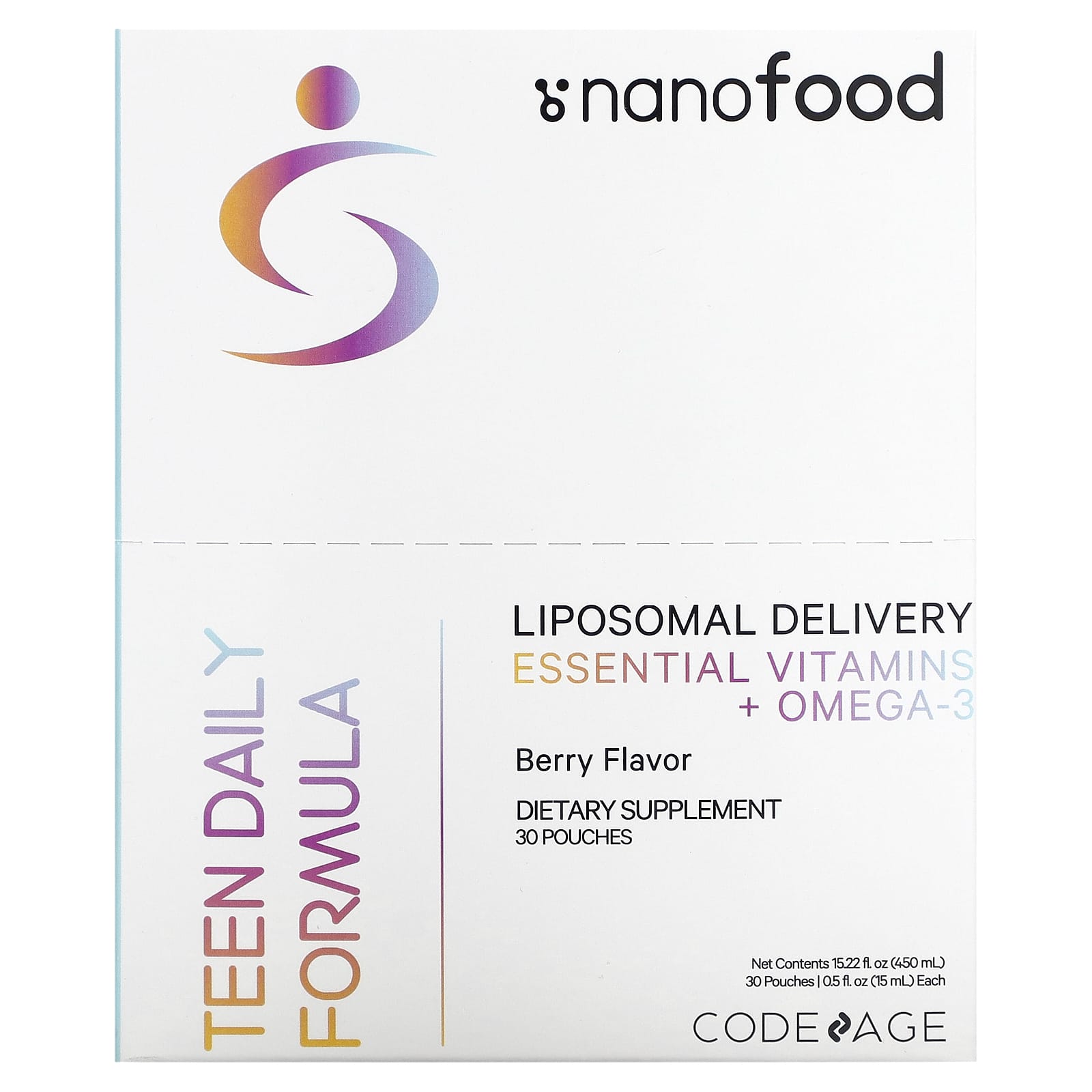 Codeage-Nanofood-Teen Daily Formula-Liposomal Delivery-Essential Vitamins + Omega-3-Berry-30 Pouches-0.5 fl oz (15 ml) Each