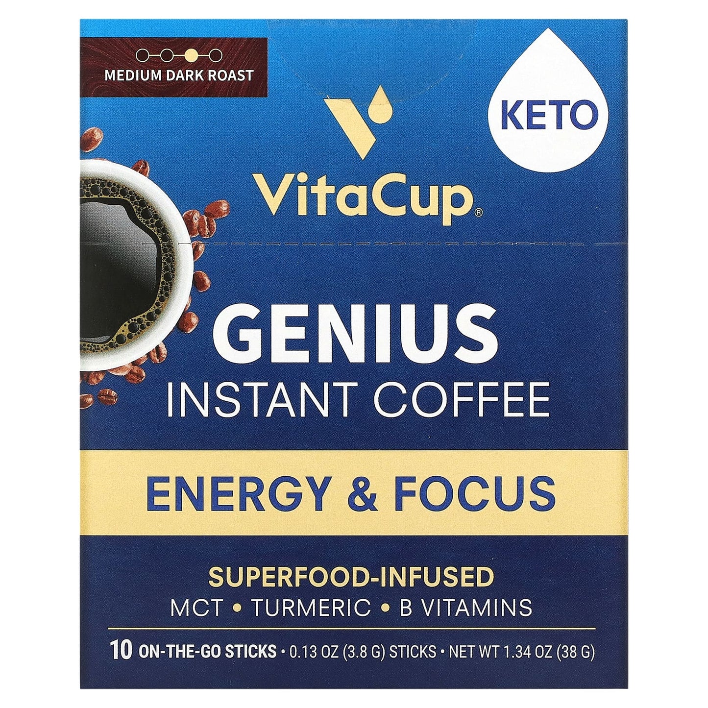 VitaCup-Genius Instant Coffee- Medium Dark Roast-10 On-The-Go Sticks-0.13 oz (3.8 g) Each