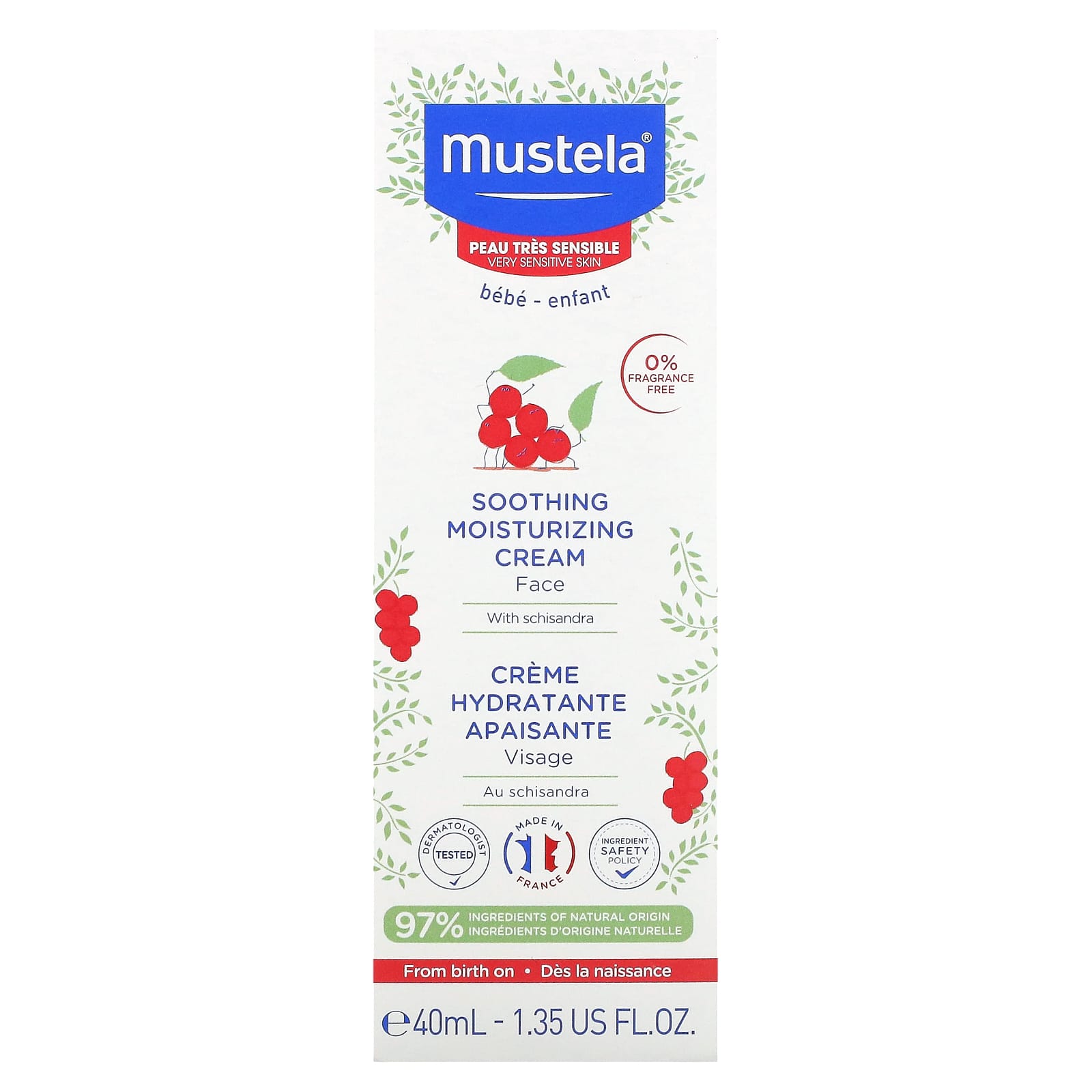 Mustela-Soothing Moisturizing Face Cream with Schisandra-Fragrance Free-1.35 fl oz (40 ml)