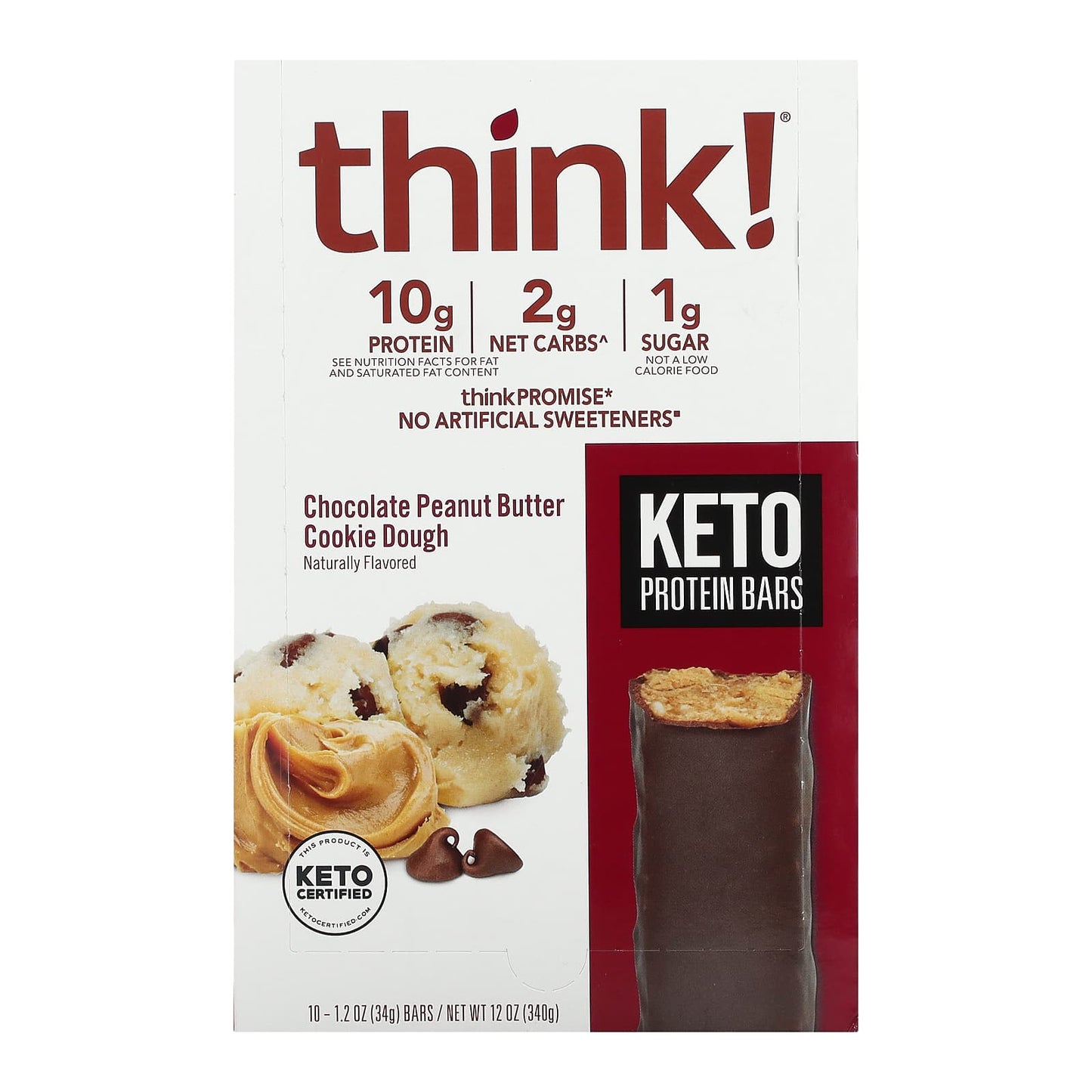 Think !-Keto Protein Bars-Chocolate Peanut Butter Cookie Dough-10 Bars-1.2 oz (34 g) Each