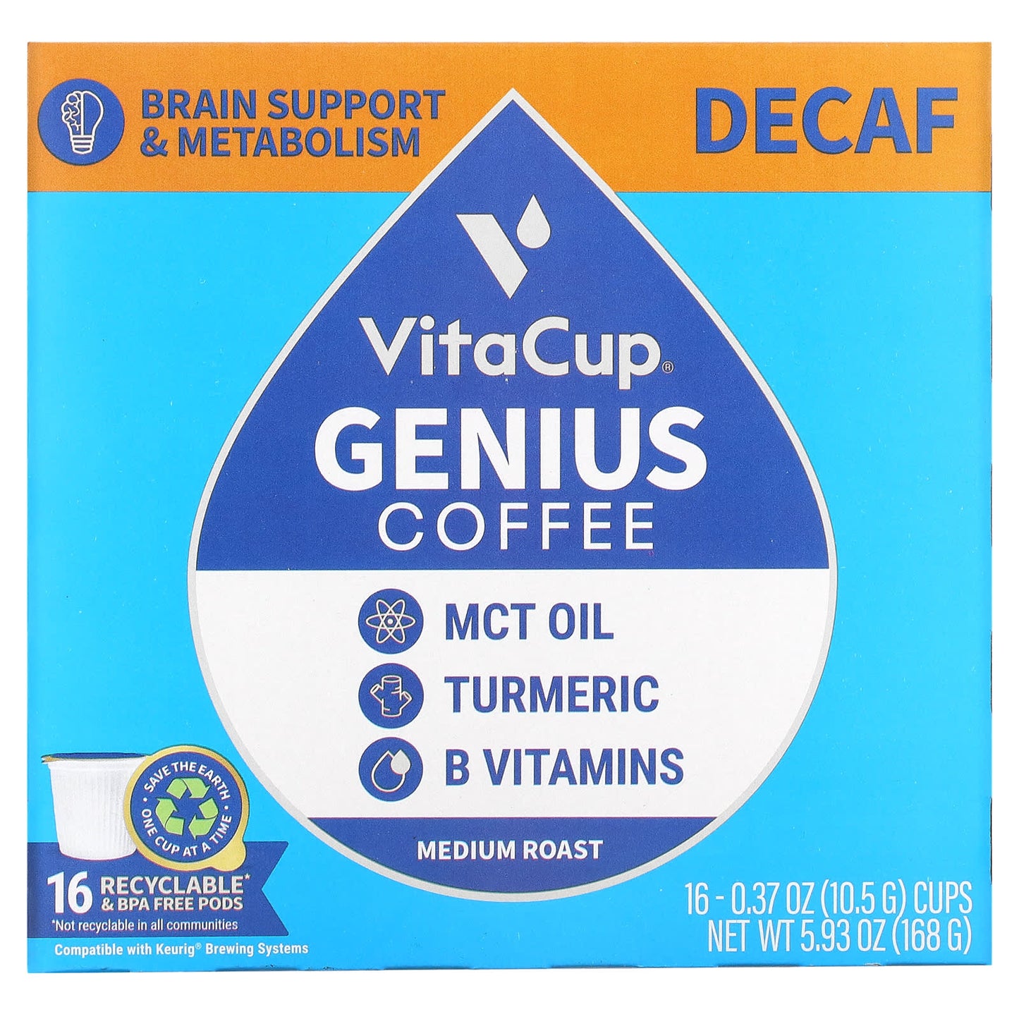 VitaCup-Genius Coffee-Medium Roast-Decaf-16 Cups-0.37 oz (10.5 g) Each