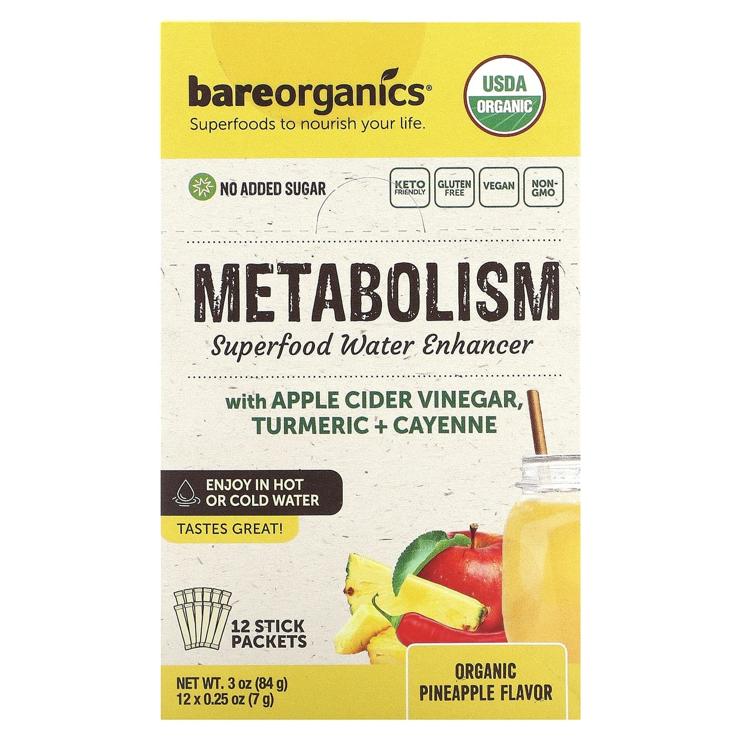 BareOrganics-Metabolism-Superfood Water Enhancer-Organic Pineapple-12 Stick Packets-0.25 oz (7 g) Each