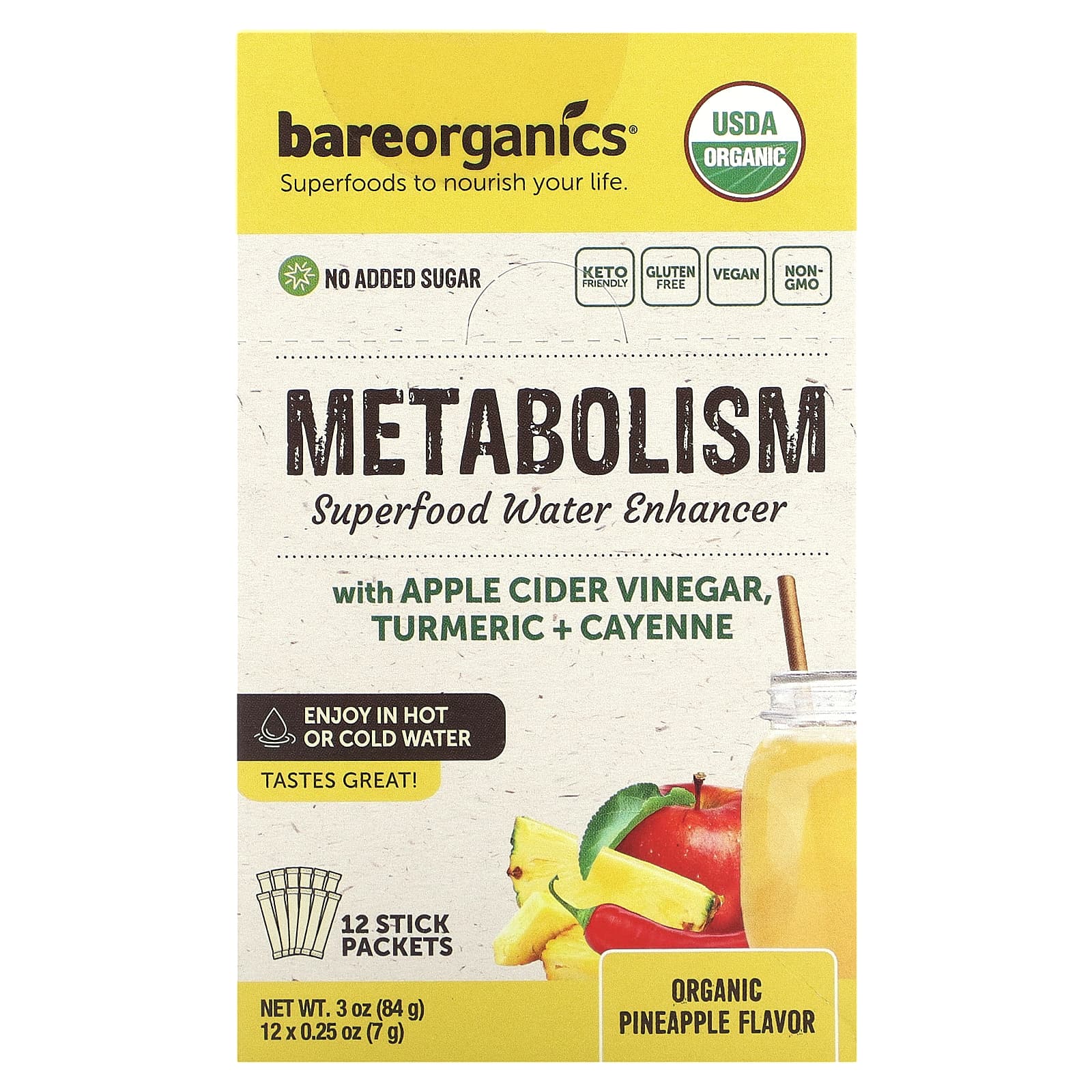 BareOrganics-Metabolism-Superfood Water Enhancer-Organic Pineapple-12 Stick Packets-0.25 oz (7 g) Each