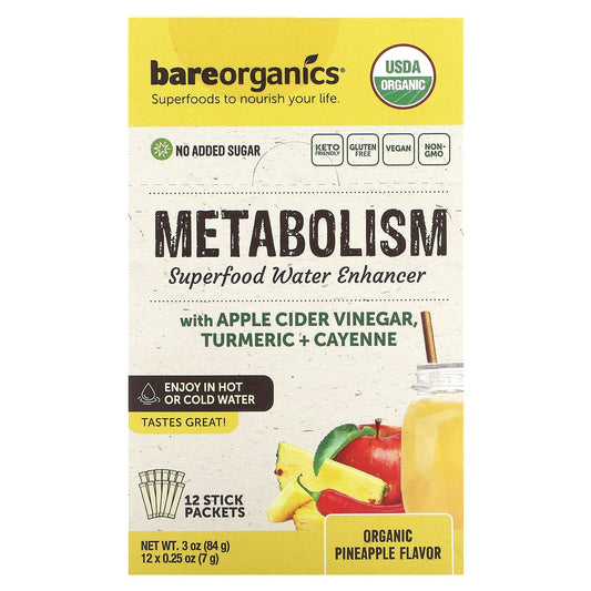 BareOrganics-Metabolism-Superfood Water Enhancer-Organic Pineapple-12 Stick Packets-0.25 oz (7 g) Each