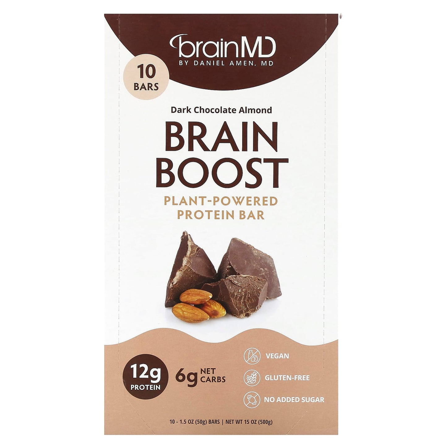 BrainMD-Brain Boost-Plant-Powered Protein Bar-Dark Chocolate Almond-10 Bars-1.5 oz (50 g) Each