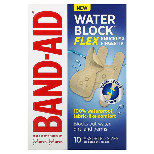 Band Aid-Adhesive Bandages-Water Block-Flex-Knuckle & Fingertip-10 Assorted Sizes