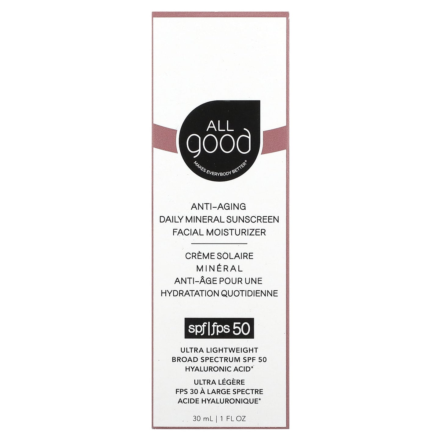 All Good Products, Anti-Aging, Daily Mineral Sunscreen, Facial Moisturizer, SPF 50, 1 fl oz (30 ml)