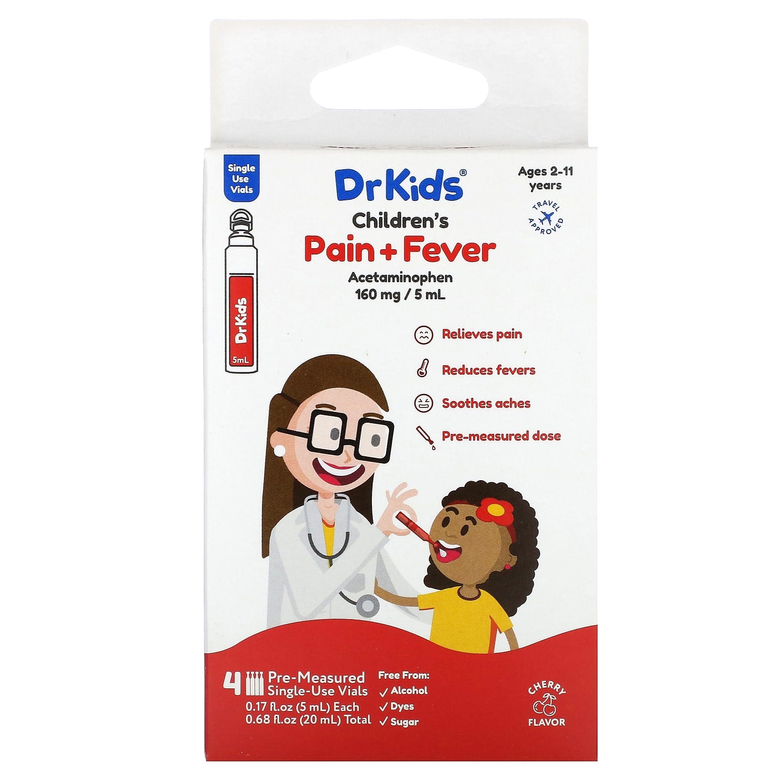 DrKids-Children's Pain + Fever- Ages 2-11 Years-Cherry-4 Pre-Measured Single-Use Vials-0.17 fl oz (5 ml) Each