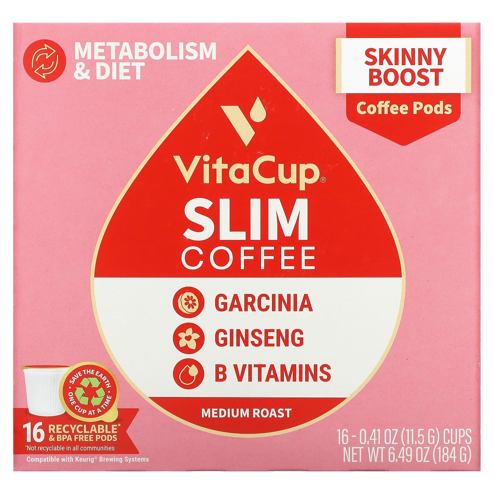 VitaCup-Slim Coffee-Medium Roast-16 Cups-0.41 oz (11.5 g) Each