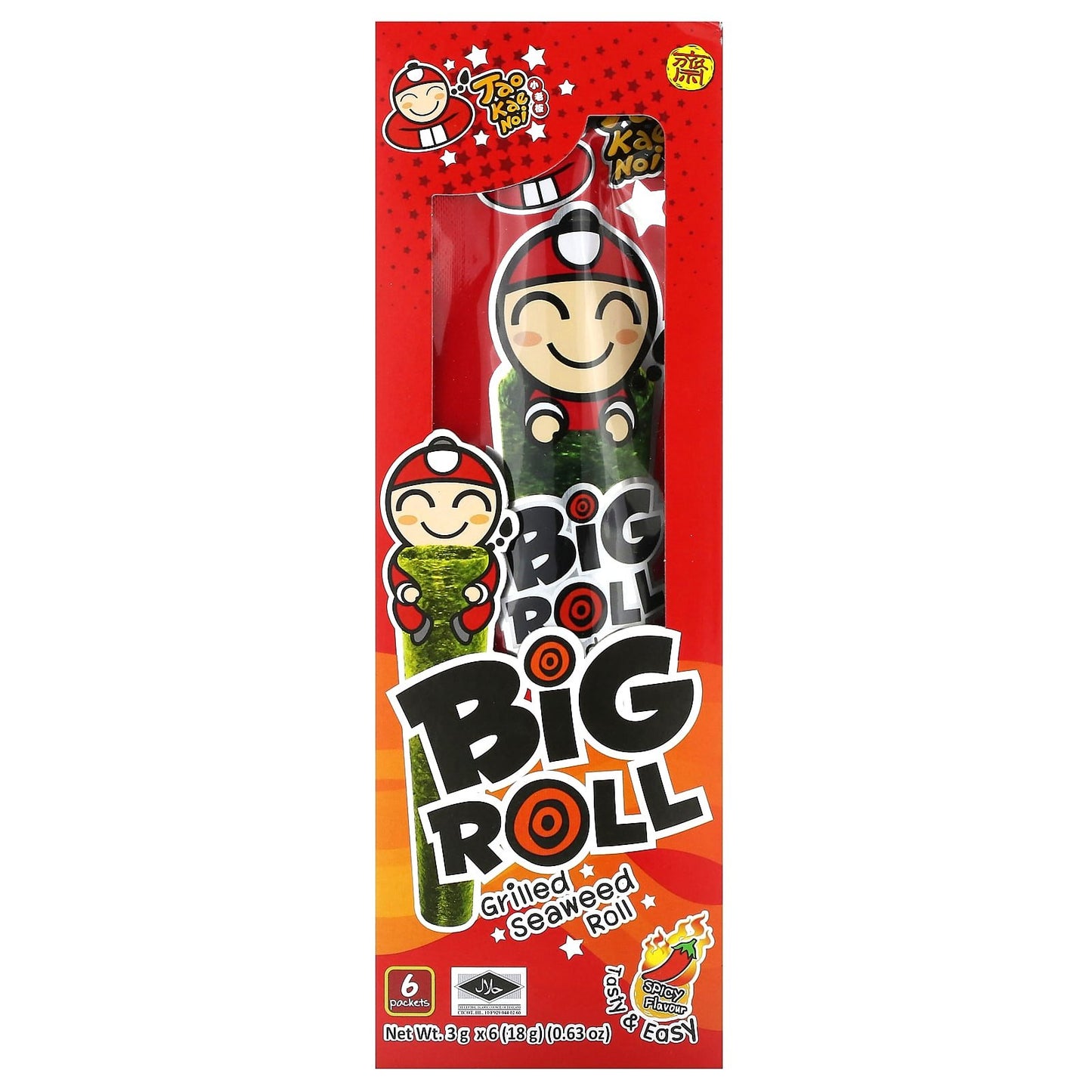 Tao Kae Noi-Big Roll-Grilled Seaweed Roll-Spicy-6 Packets- 0.11 oz (3 g) Each