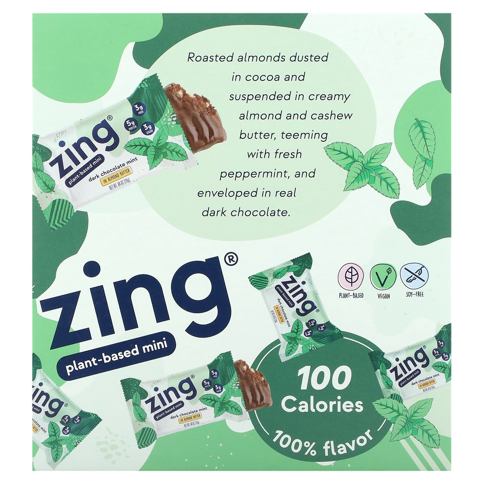 Zing Bars-Plant-Based Mini Bar-Dark Chocolate Mint in Almond Butter-18 Bars-0.84 oz (24 g) Each