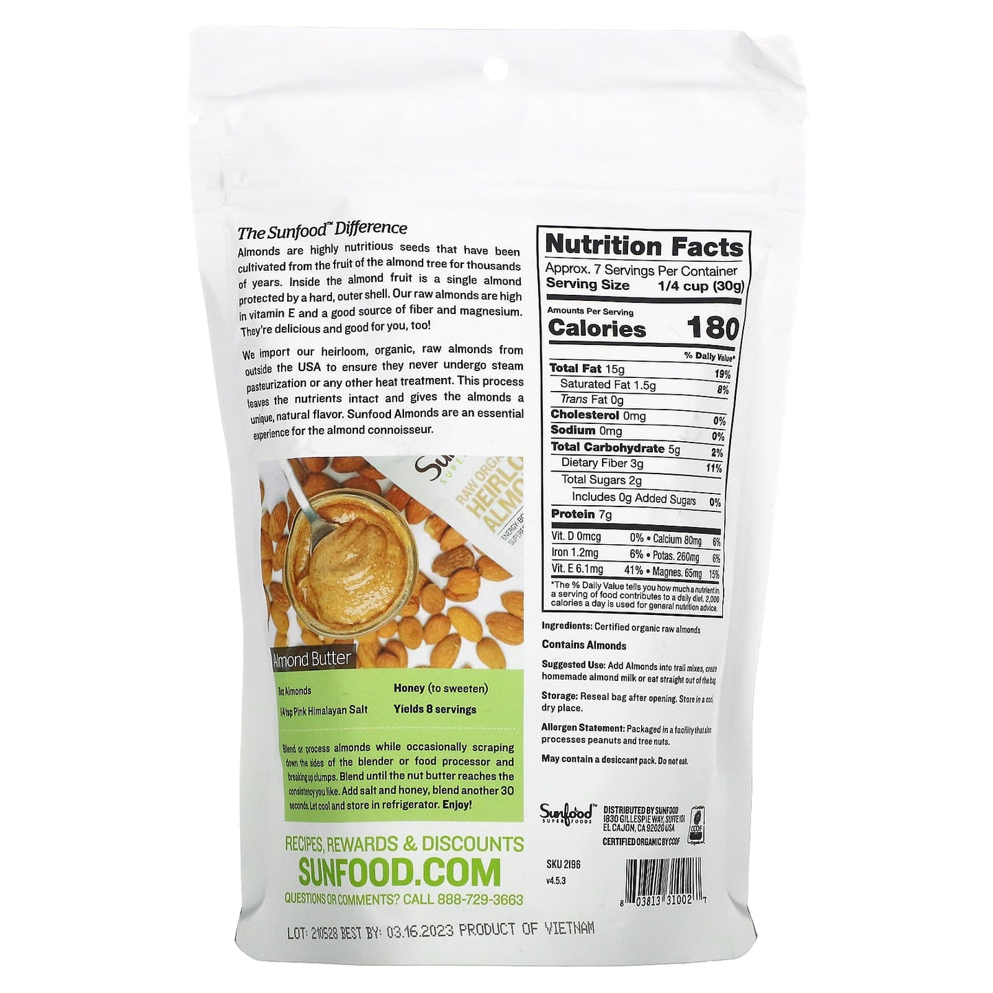 Sunfood, Raw Organic Heirloom Almonds, 8 oz (227 g)