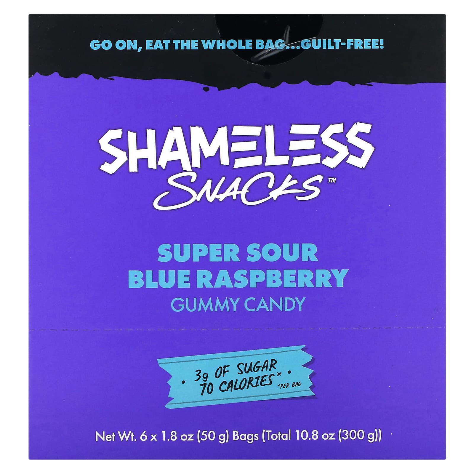 Shameless Snacks-Super Sour Gummy Candy- Blue Raspberry-6 Bags-1.8 oz (50 g) Each