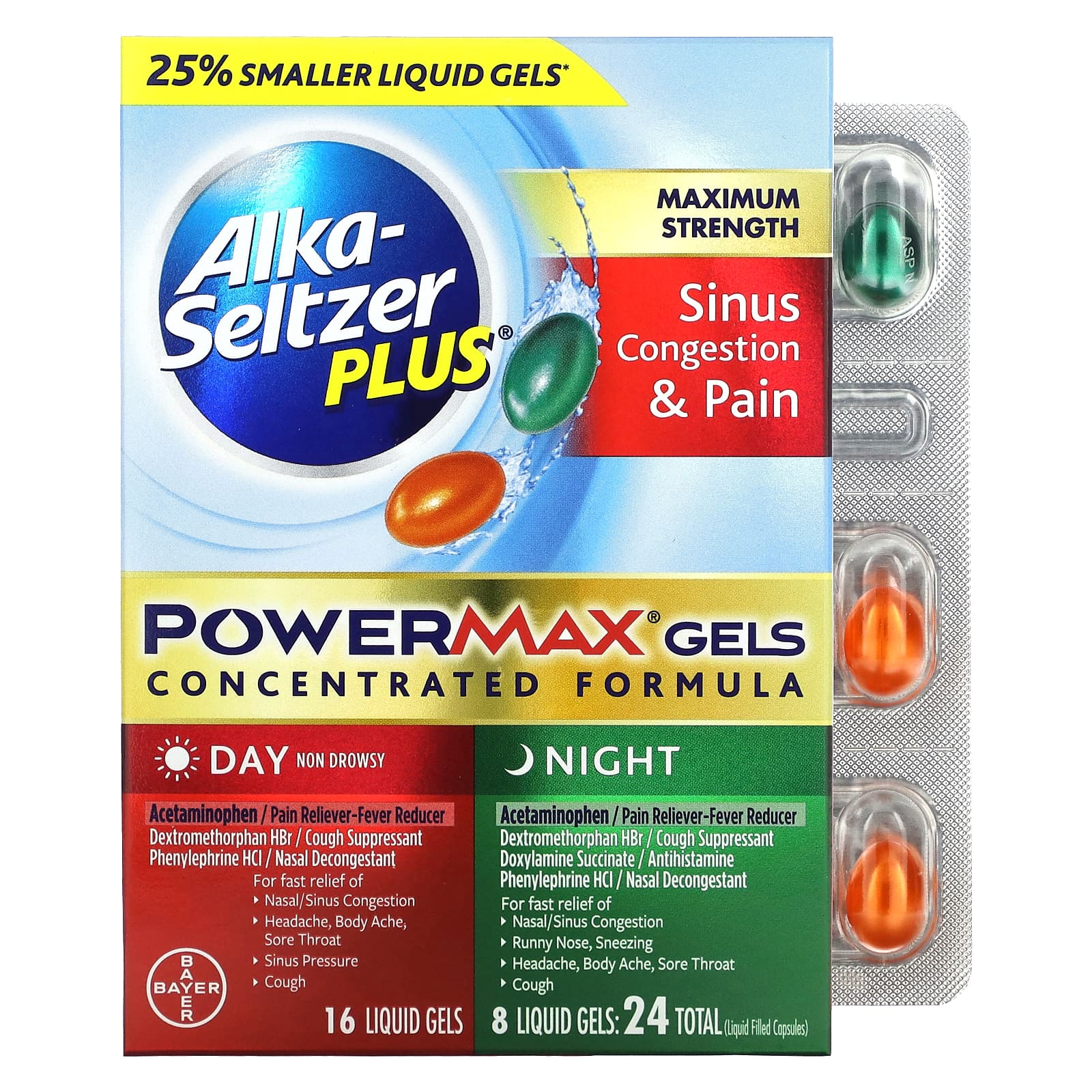 Alka-Seltzer Plus-Sinus Congestion & Pain PowerMax Gels-Maximum Strength-Day & Night-24 Liquid Gels