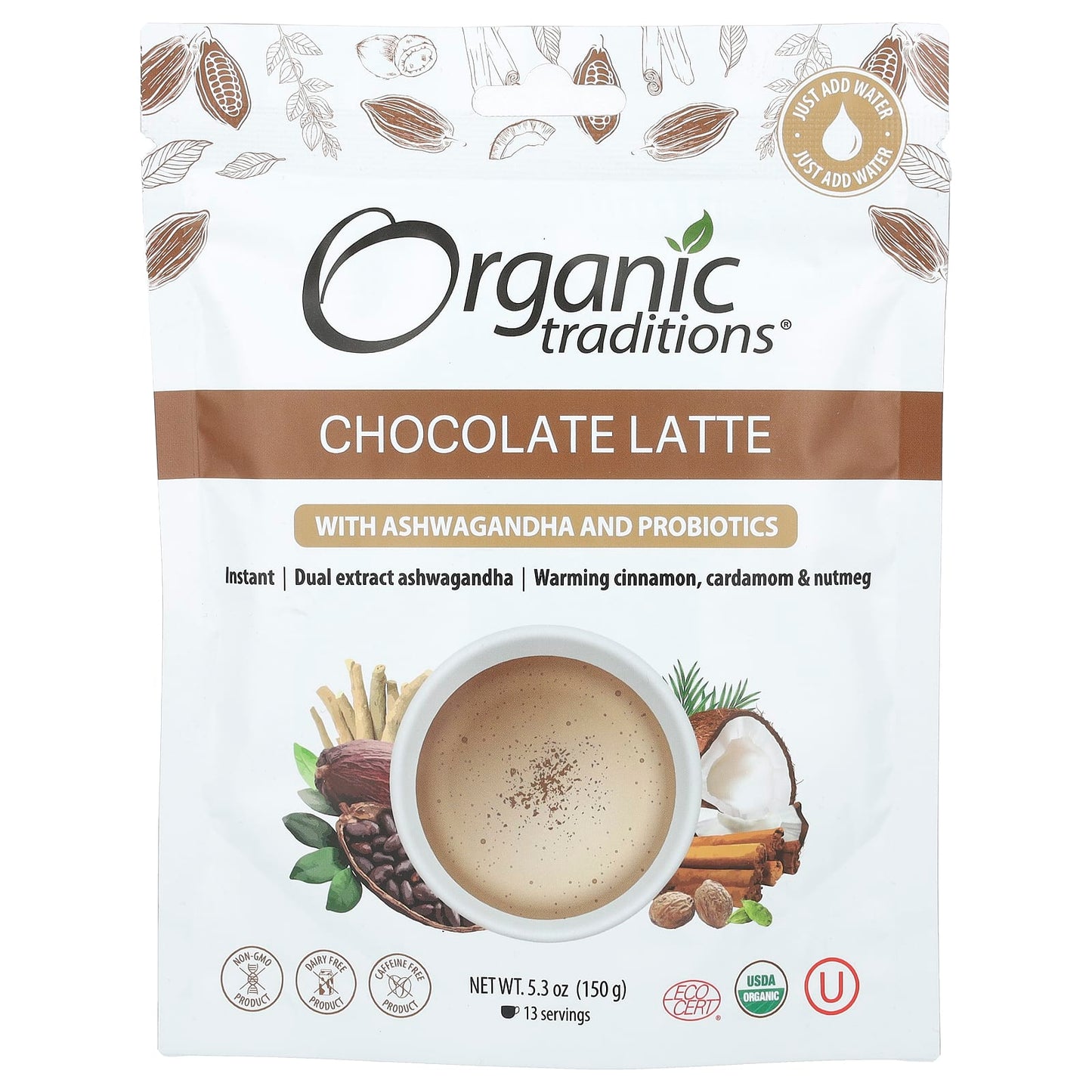 Organic Traditions-Chocolate Latte with Ashwagandha and Probiotics-5.3 oz (150 g)