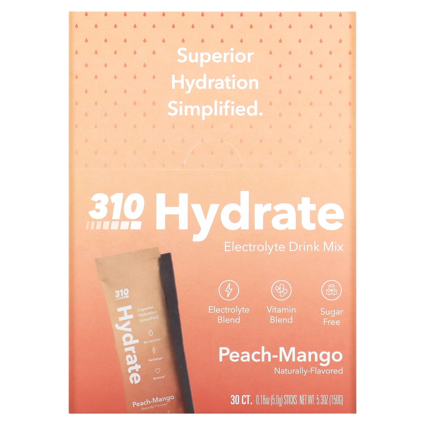 310 Nutrition-Hydrate-Electrolyte Drink Mix-Peach-Mango-30 Sticks-0.18 oz (5 g) Each