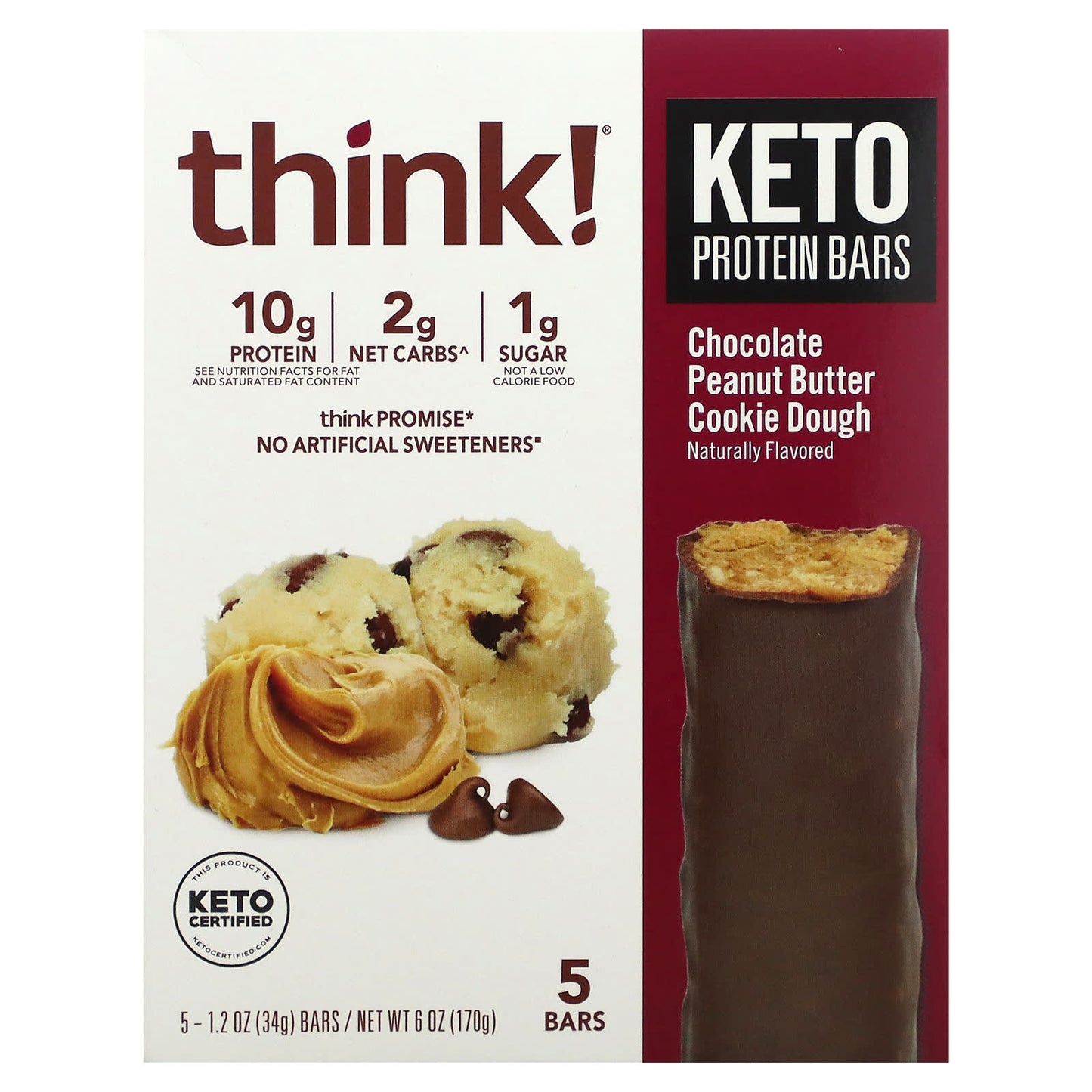 Think !-Keto Protein Bars-Chocolate Peanut Butter Cookie Dough-5 Bars-1.2 oz (34 g) Each