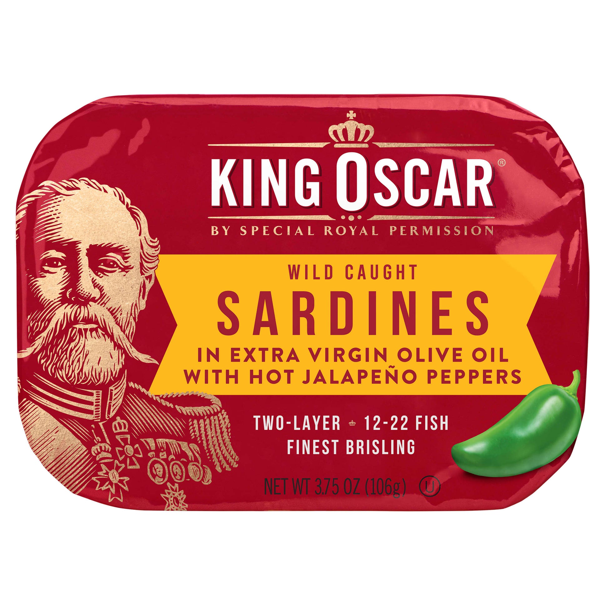 King Oscar-Wild Caught Sardine-In Extra Virgin Olive Oil with Hot Jalapeno Peppers-Hot-Two Layer-3.75 oz (106 g)