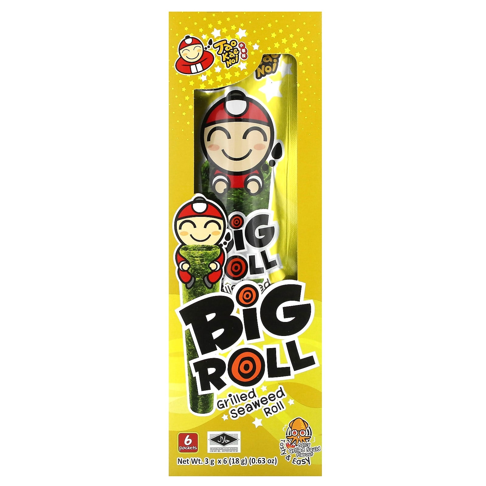 Tao Kae Noi-Big Roll-Grilled Seaweed Roll-Spicy Grilled Squid-6 Packets-0.11 oz (3 g ) Each