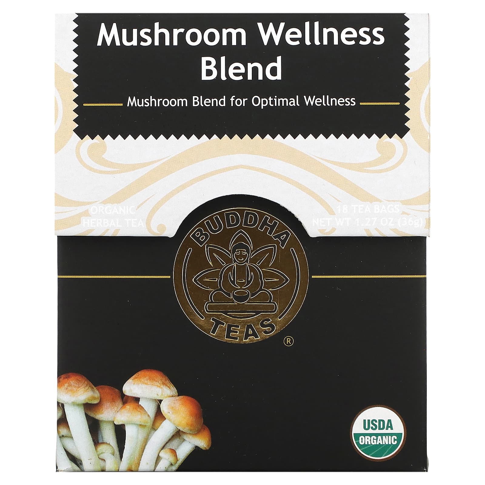 Buddha Teas-Organic Herbal Tea-Mushroom Wellness Blend-Caffeine Free-18 Tea Bags-1.14 oz (32 g)