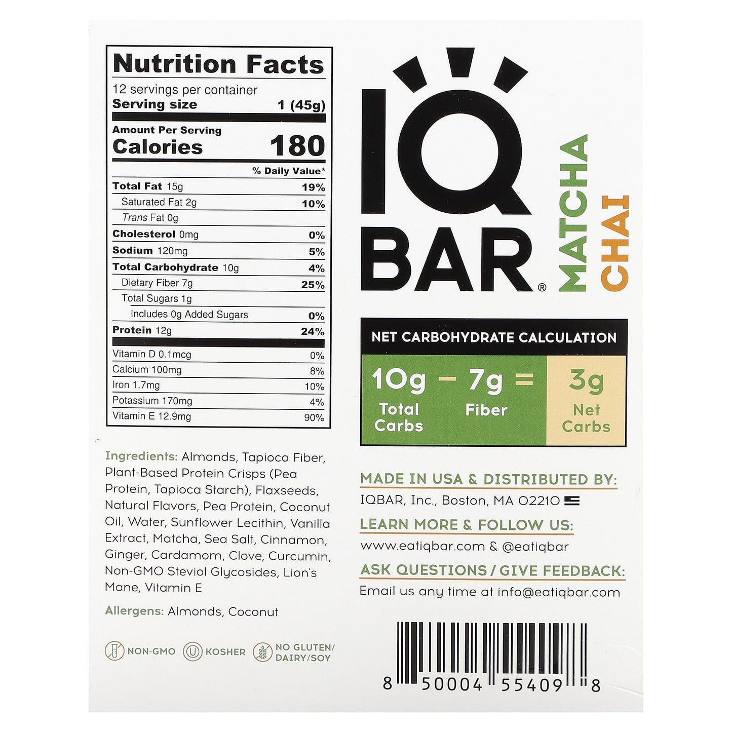 IQBAR, Plant Protein Bar, Matcha Chai, 12 Bars, 1.6 oz (45 g) Each