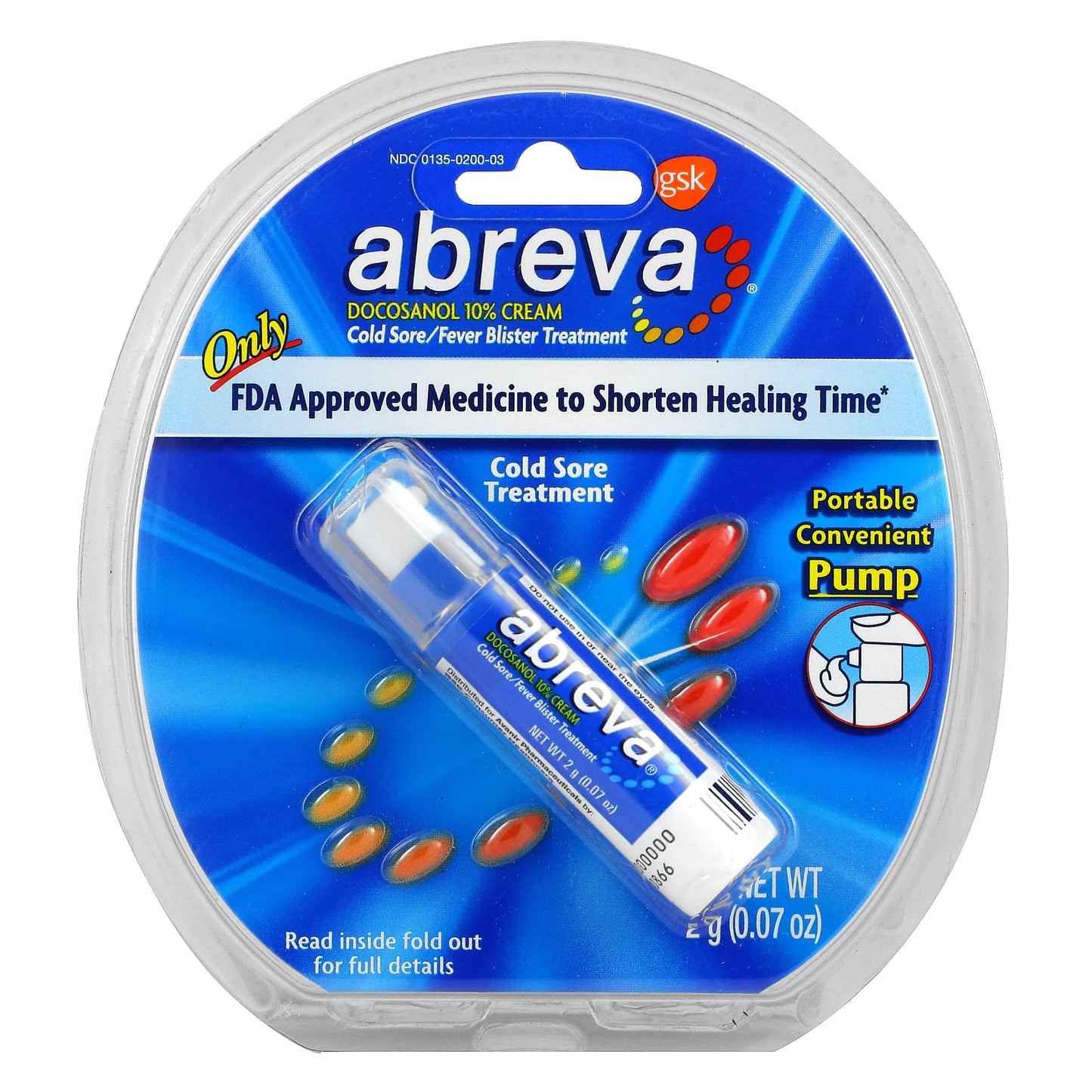 Abreva, Cold Sore/Fever Blister Treatment, Portable Convenient Pump, 0.07 oz (2 g)