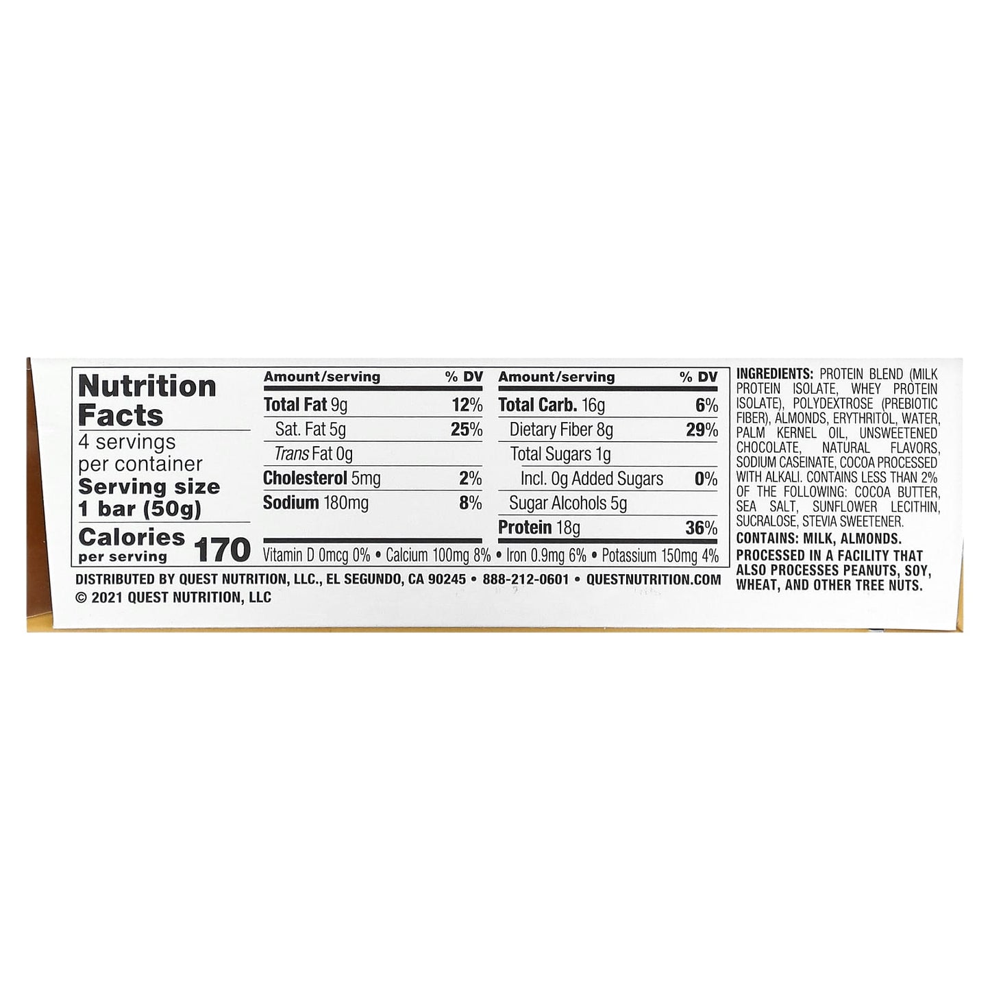 Quest Nutrition, Protein Bar, Dipped, Chocolate Chip Cookie Dough, 4 Bars, 1.76 oz (50 g) Each