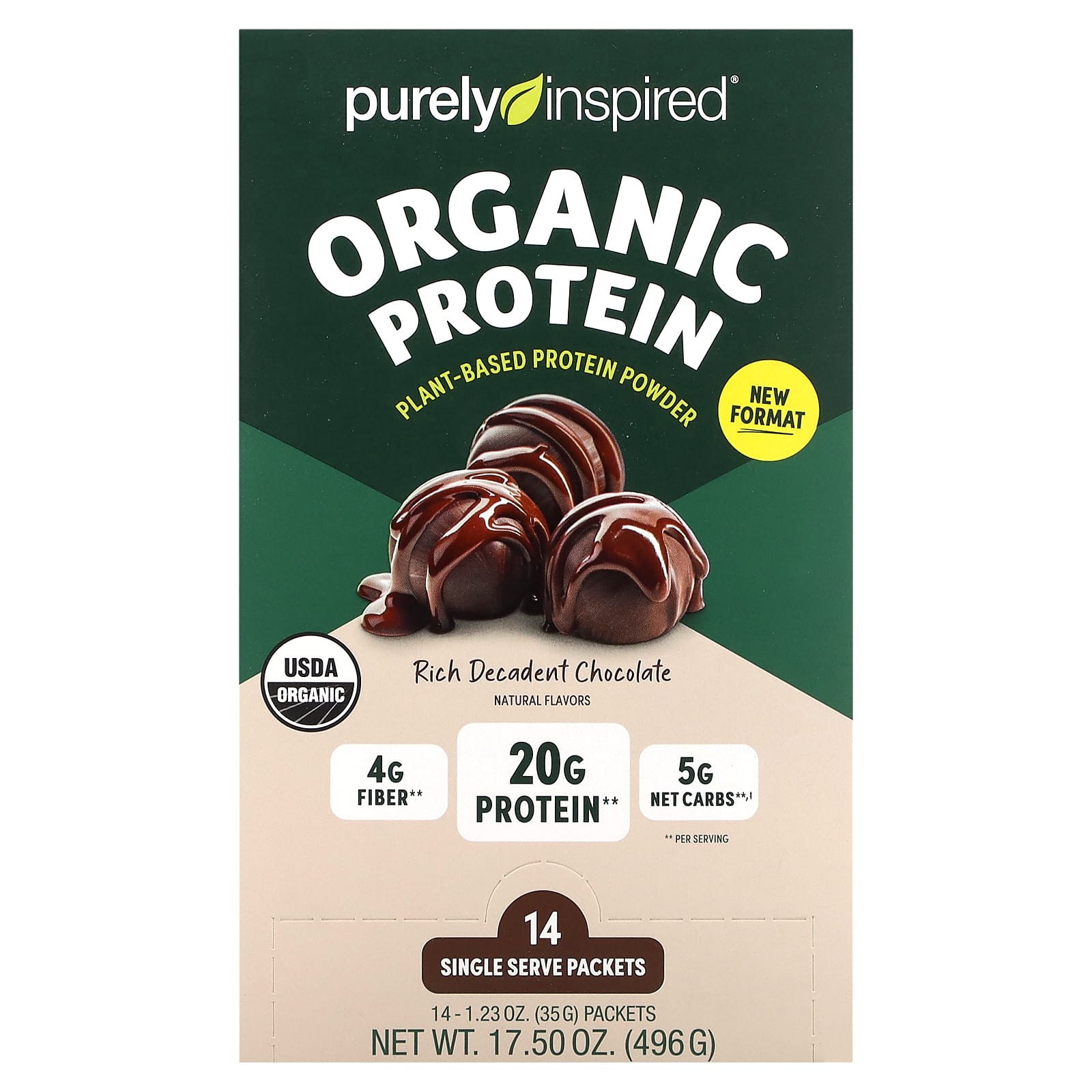 Purely Inspired-Organic Plant-Based Protein Powder-Rich Decadent Chocolate-14 Single Serve Packets-1.23 oz (35 g) Each