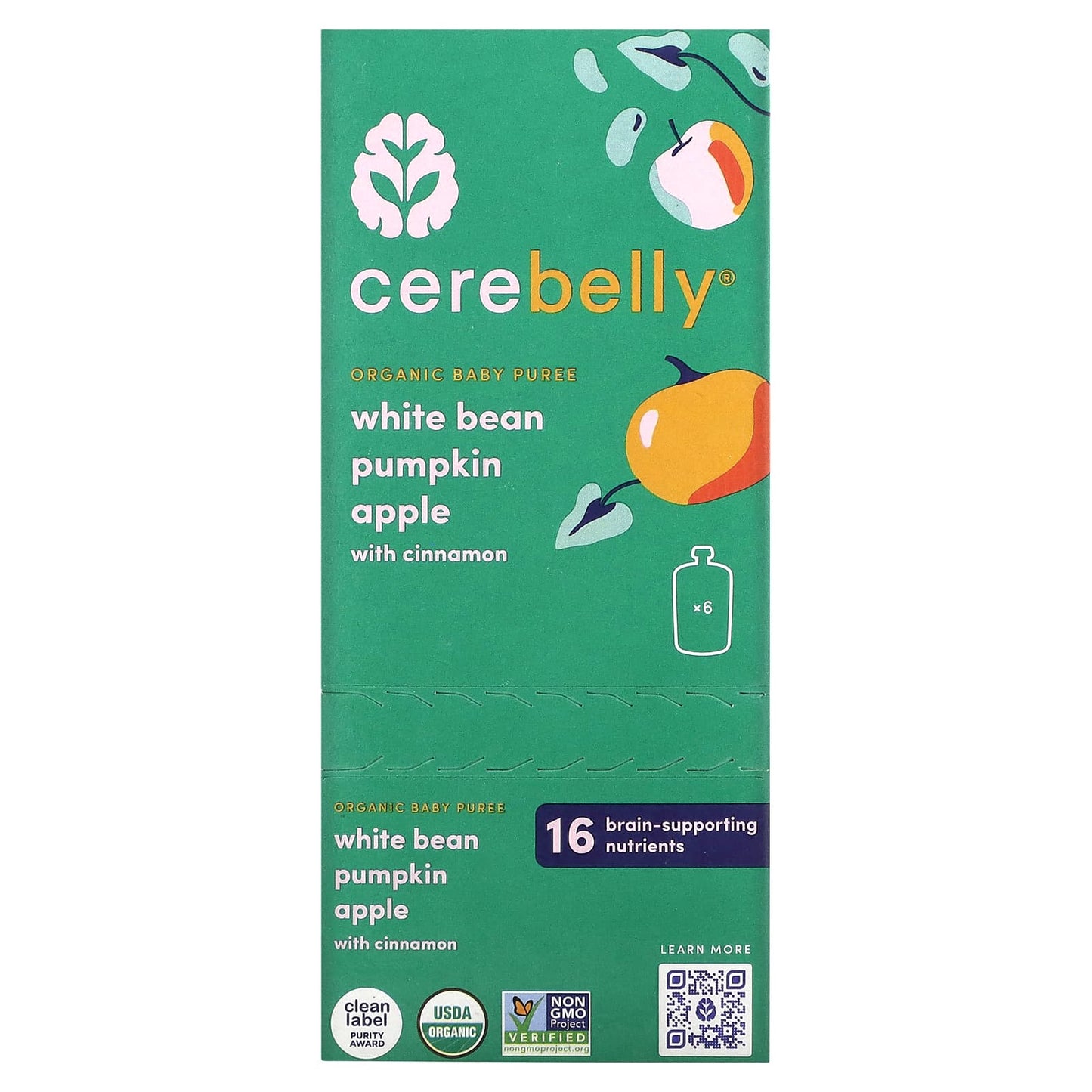 Cerebelly-Organic Baby Puree-White Bean-Pumpkin-Apple with Cinnamon-6 Pouches-4 oz (113 g) Each