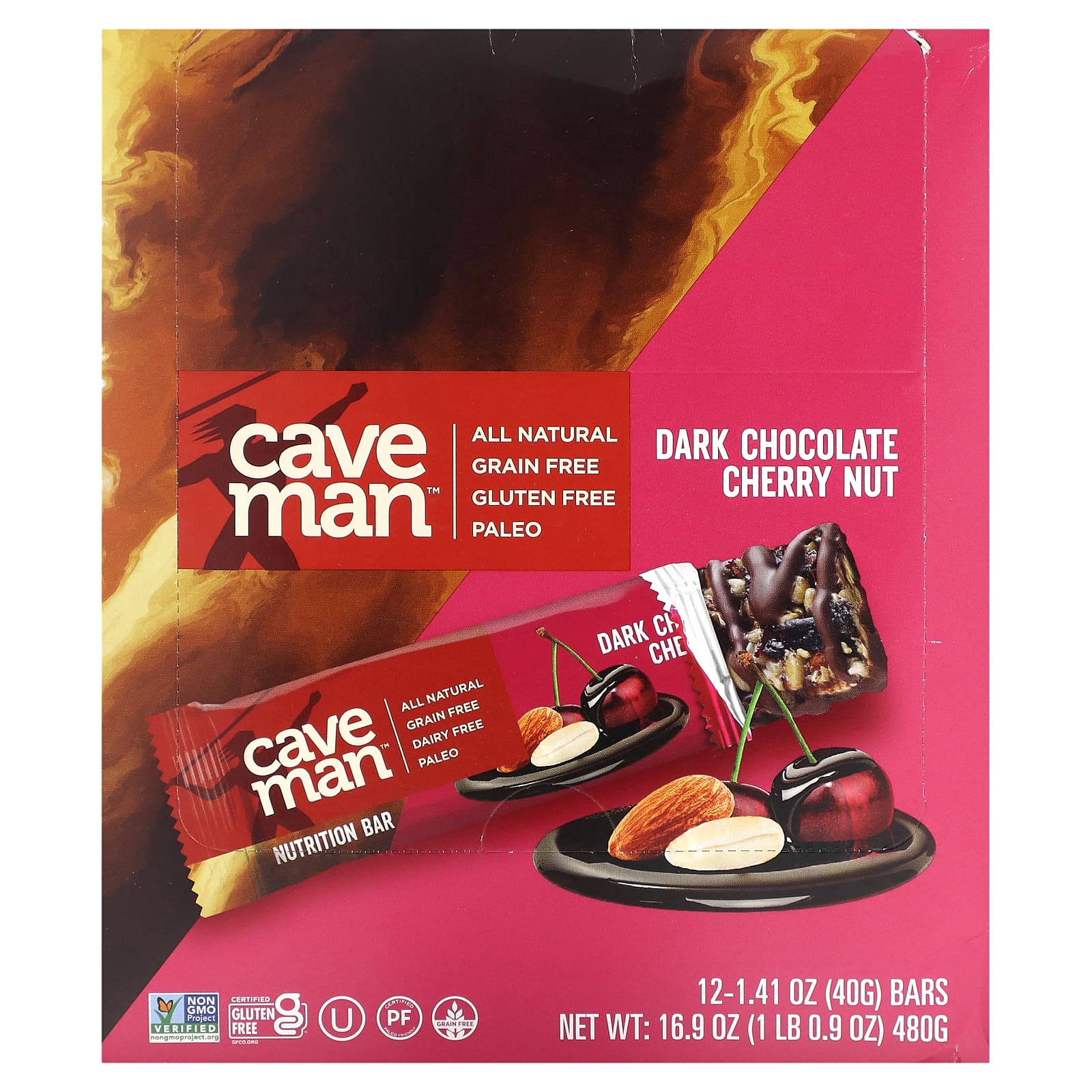 Caveman Foods-Nutrition Bar-Dark Chocolate Cherry Nut -12 Bars-1.41 oz (40 g) Each