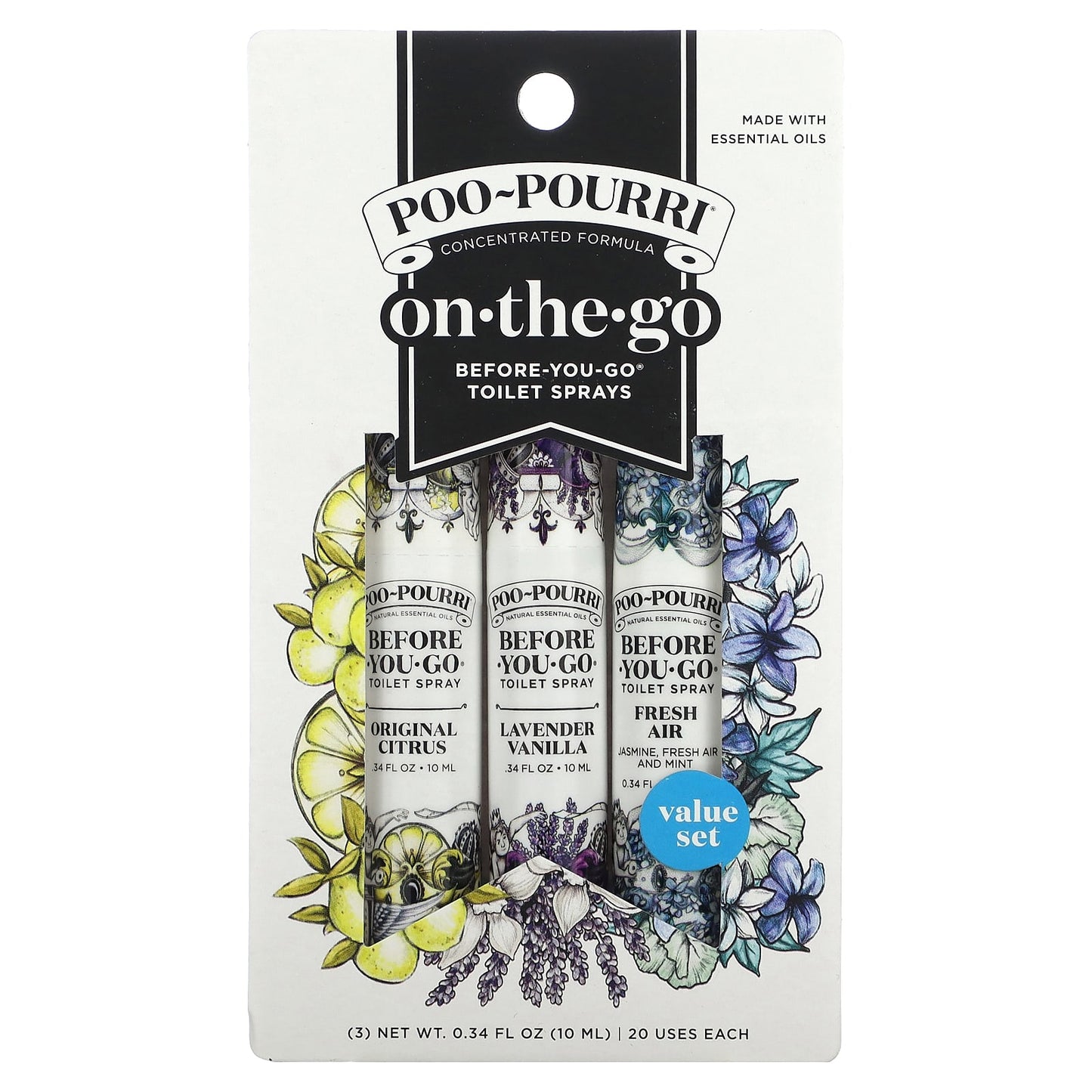 Poo-Pourri, On-The-Go, Before-You-Go Toilet Sprays, Value Set, 3 Sprays, 0.34 fl oz (10 ml) Each