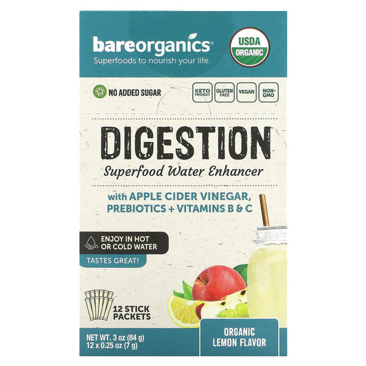 BareOrganics-Digestion Superfood Water Enhancer-Organic Lemon -12 Stick Packets-0.25 oz (7 g) Each