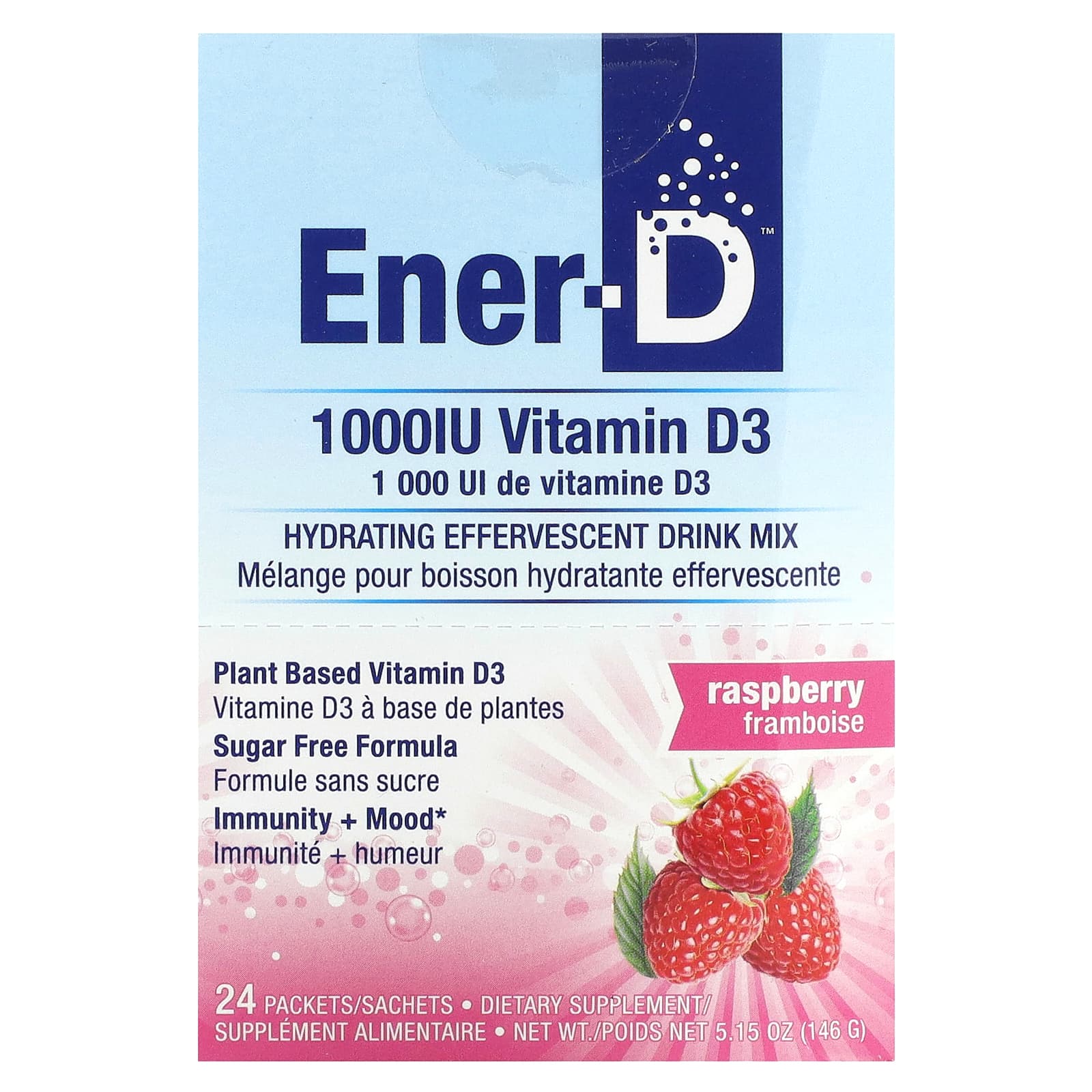 Ener-C-Ener-D-Vitamin D3-Hydrating Effervescent Drink Mix-Sugar Free-Raspberry-1,000 mg-24 Packets