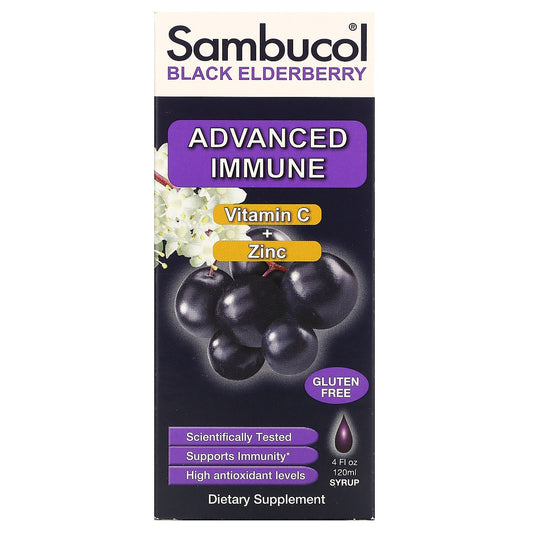 Sambucol-Black Elderberry Syrup-Advanced Immune-Vitamin C + Zinc-Natural Berry-4 fl oz (120 ml)