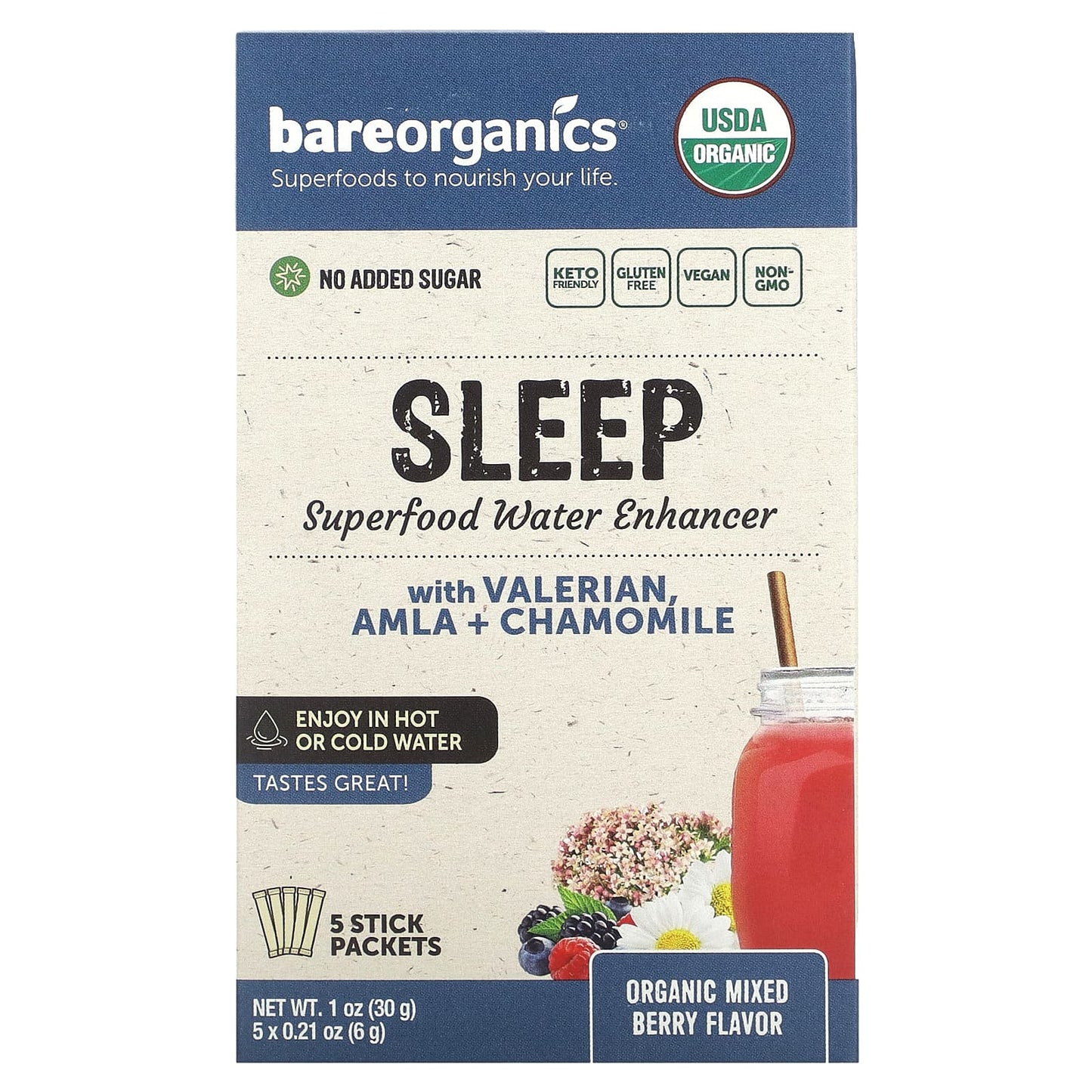 BareOrganics-Sleep-Superfood Water Enhancer-Organic Mixed Berry-5 Stick Packets-0.21 oz (6 g) Each