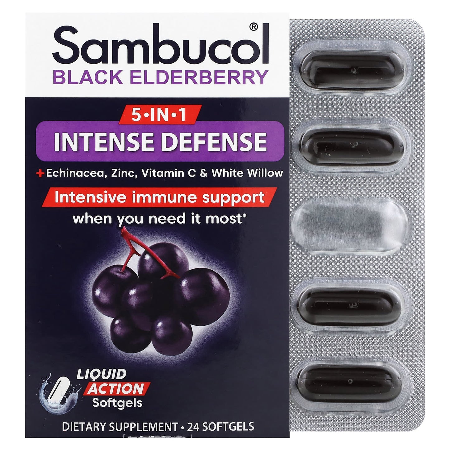 Sambucol-5-In-1 Intense Defense + Echinacea-Zinc-Vitamin C & White Willow-Black Elderberry-24 Softgels