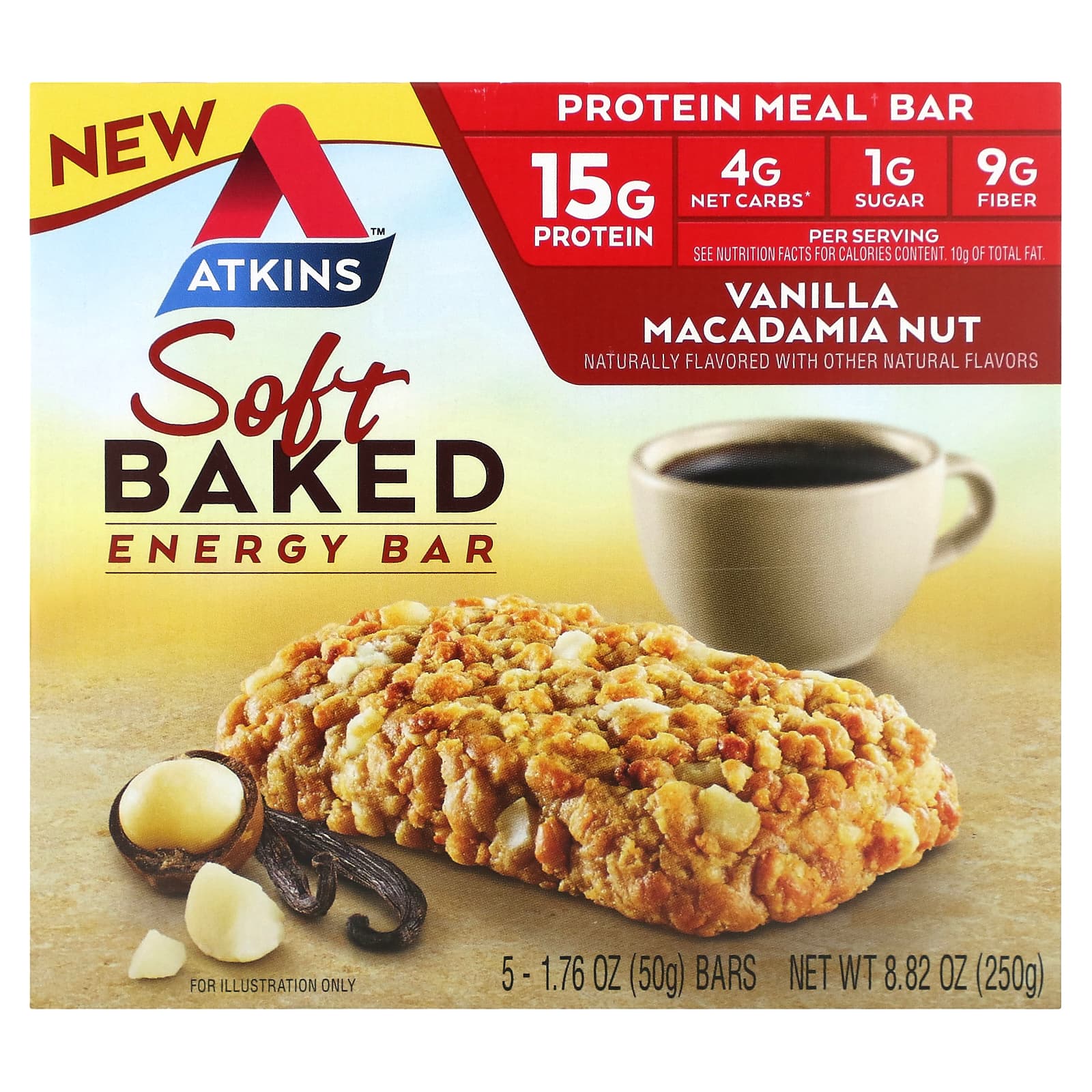 Atkins-Soft Baked Energy Bar-Vanilla Macadamia Nut-5 Bars-1.76 oz (50 g) Each