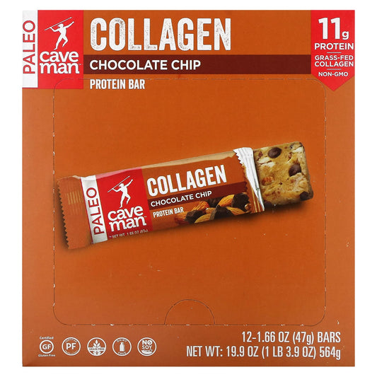 Caveman Foods-Collagen Protein Bar-Chocolate Chip-12 Bars-1.66 oz (47 g) Each