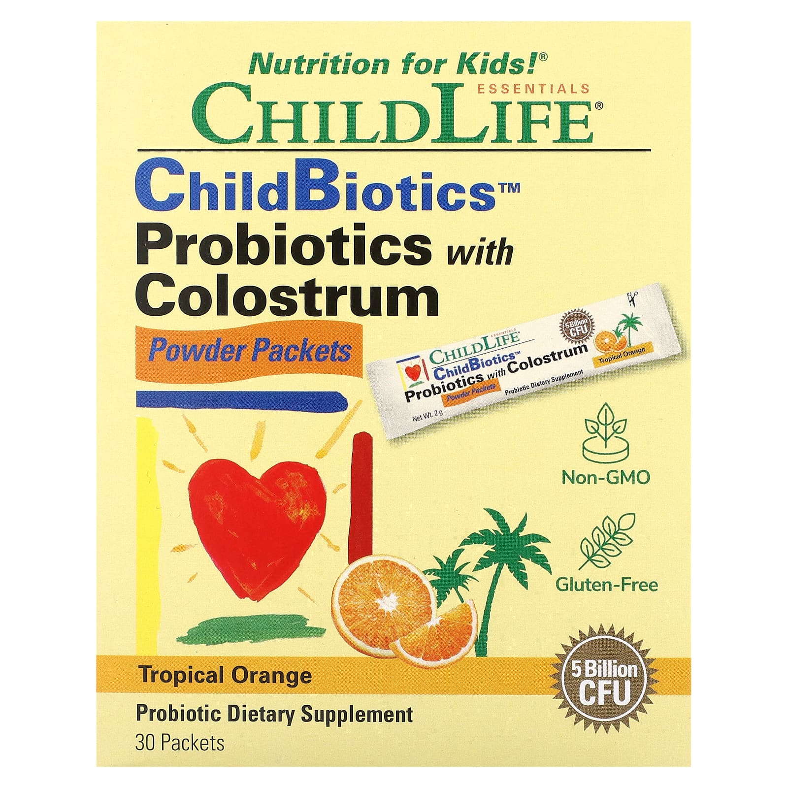 ChildLife Essentials-ChildBiotics-Probiotics with Colostrum Powder Packets-Tropical Orange-30 Packets-2 g Each