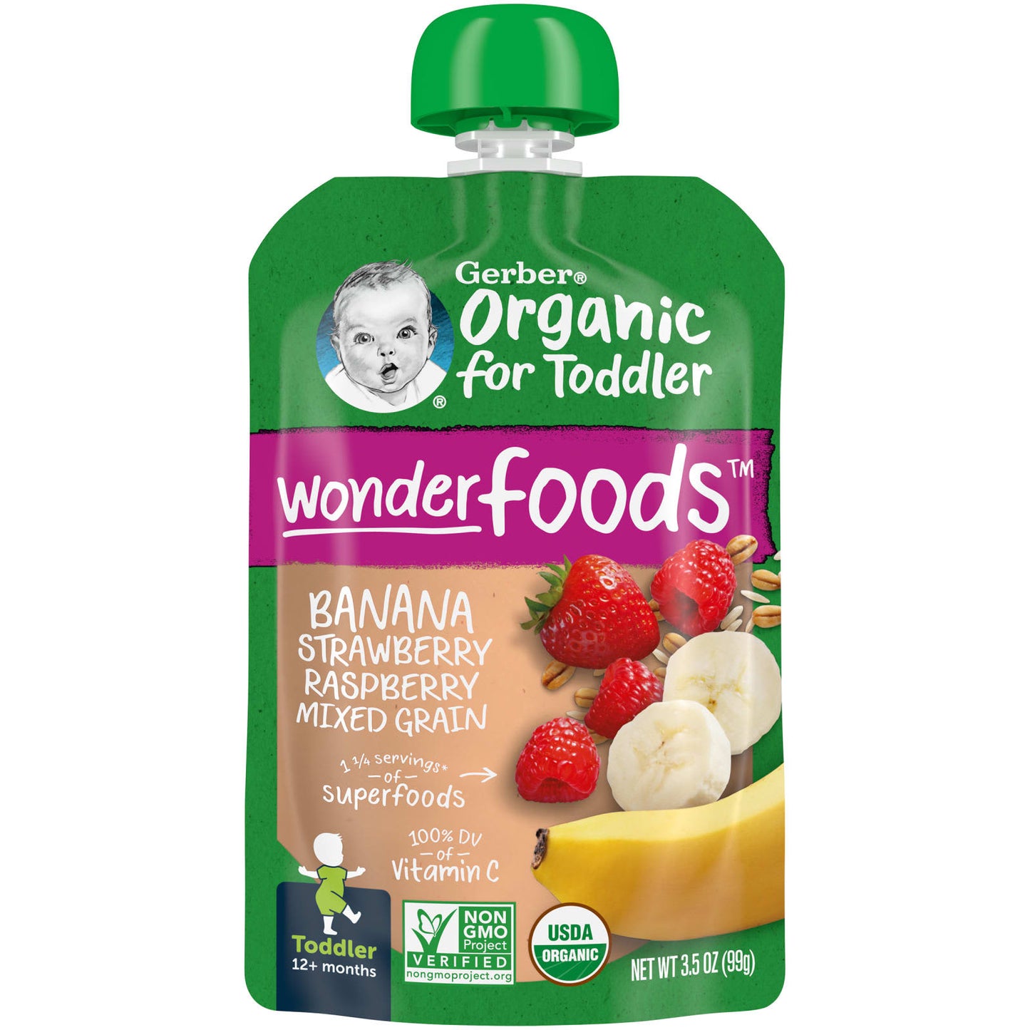 Gerber-Organic for Toddler-Wonder Foods-12+ Months-Banana-Strawberry-Raspberry-Mixed Grain-3.5 oz (99 g)