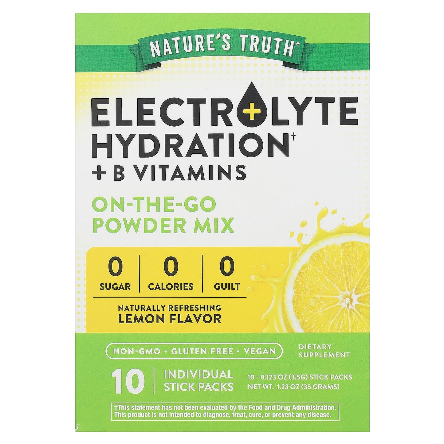 Nature's Truth-Electrolyte Hydration + B Vitamins-On-The-Go Powder Mix-Lemon-10 Individual Stick Packs 0.123 oz (3.5 g) Each