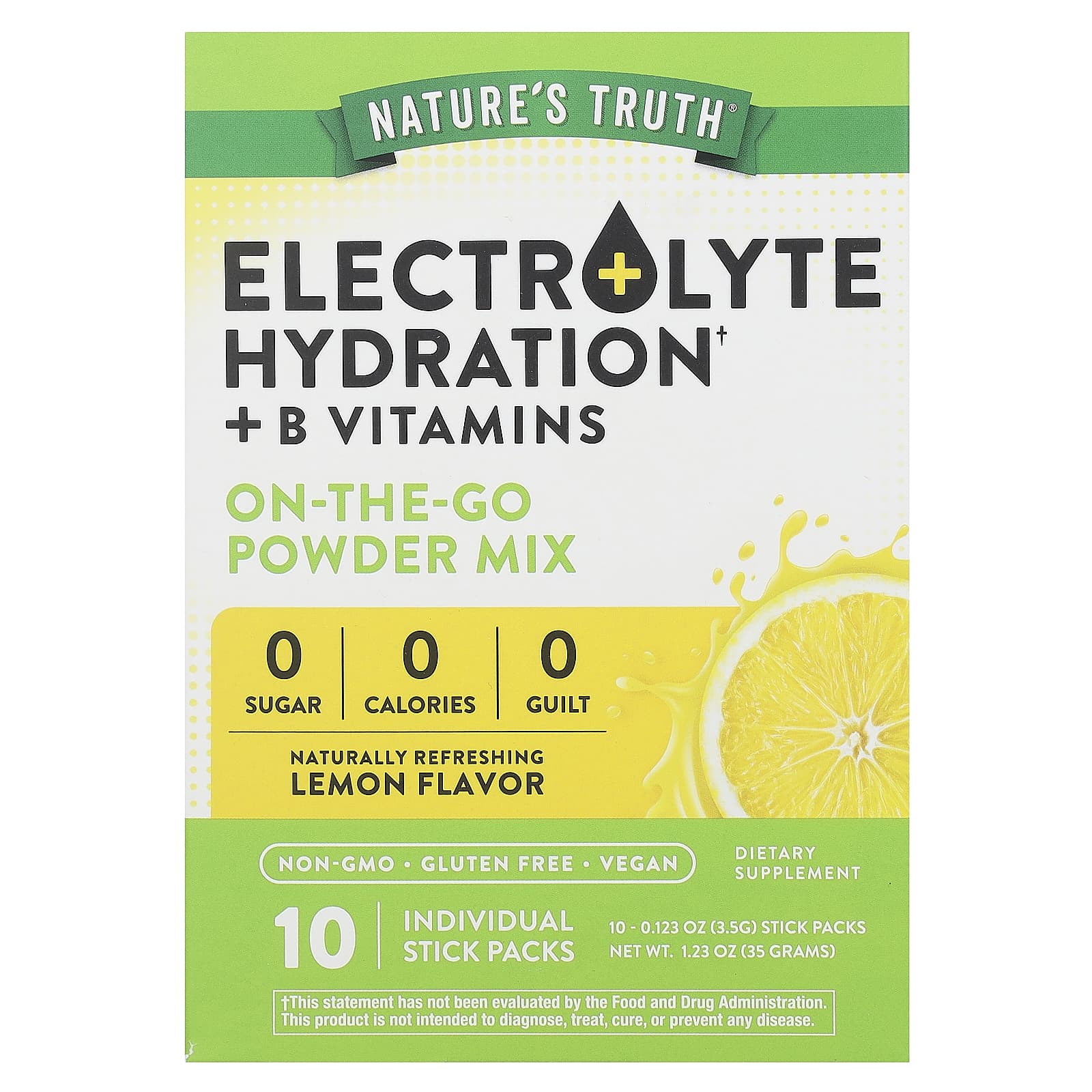 Nature's Truth-Electrolyte Hydration + B Vitamins-On-The-Go Powder Mix-Lemon-10 Individual Stick Packs 0.123 oz (3.5 g) Each