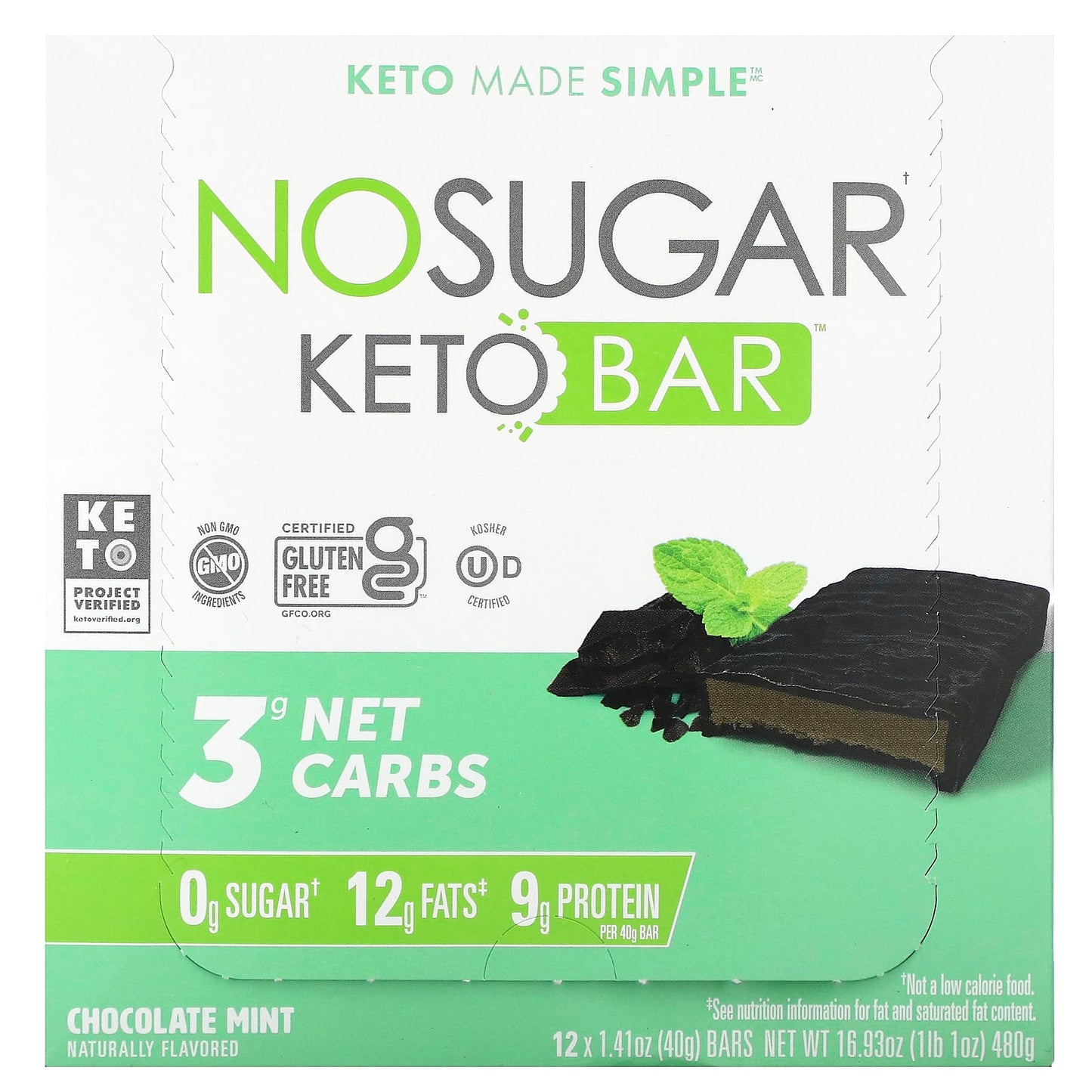 No Sugar Company-Keto Bar-Chocolate Mint-12 Bars-1.41 oz (40 g) Each