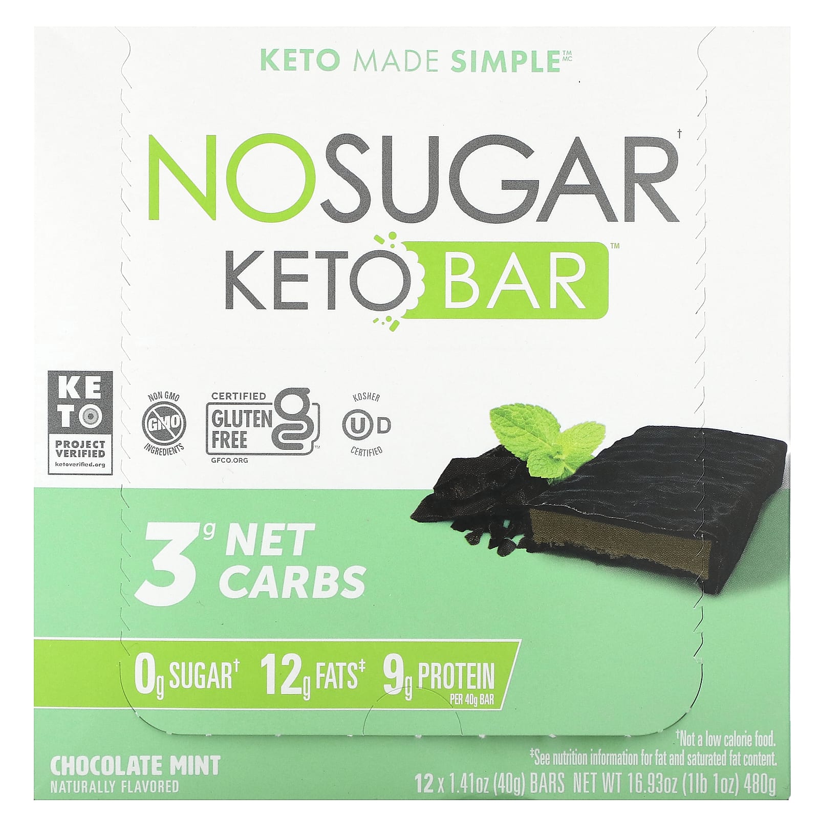 No Sugar Company-Keto Bar-Chocolate Mint-12 Bars-1.41 oz (40 g) Each