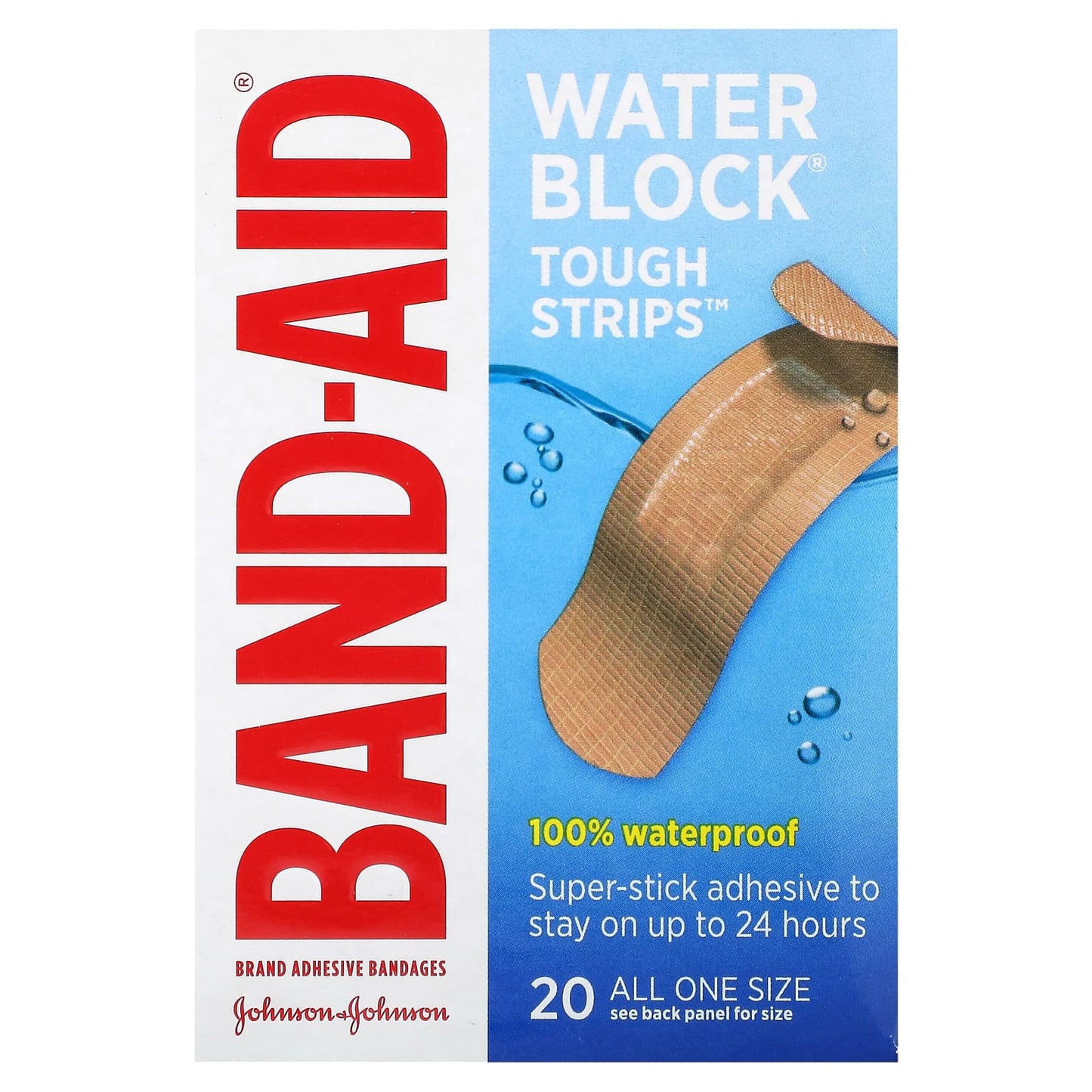 Band Aid-Adhesive Bandages-Water Block-Tough Strips-20 Bandages